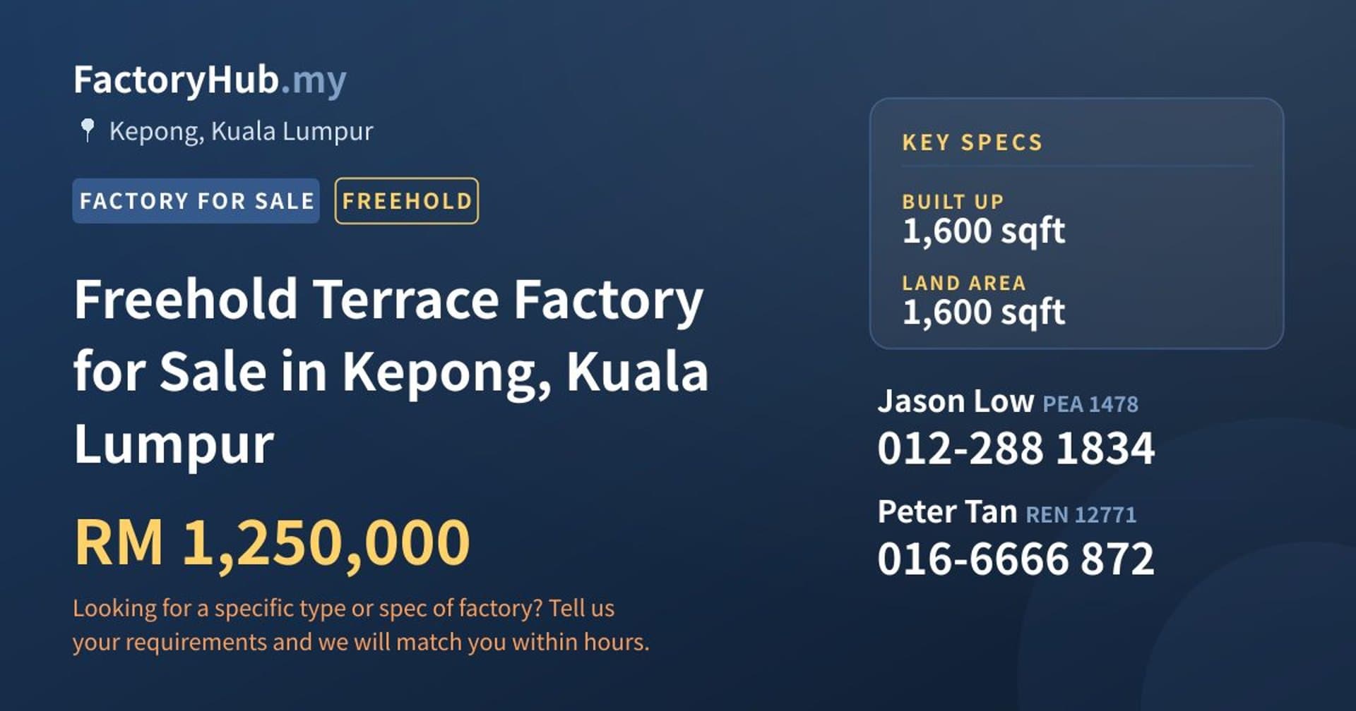 Freehold Terrace Factory for Sale in Kepong, Kuala Lumpur - Property image 1 of 2