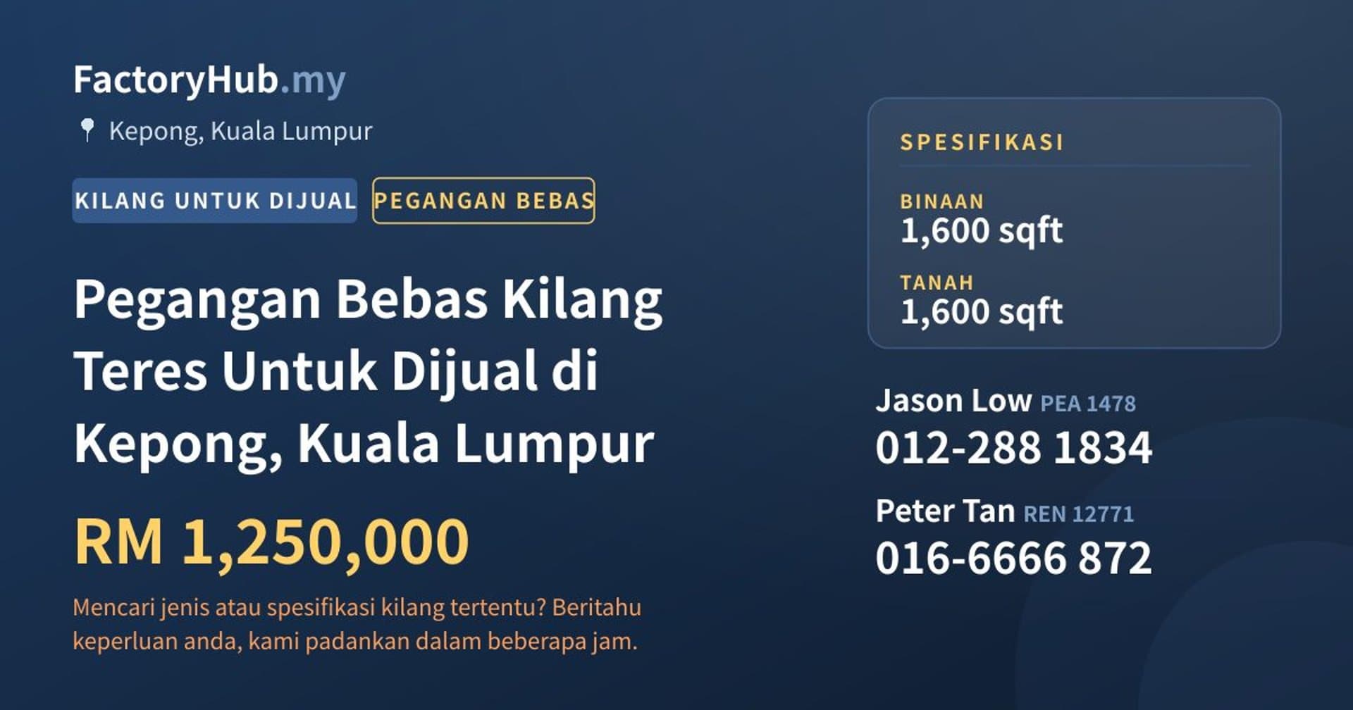 Pegangan Bebas Kilang Teres Untuk Dijual di Kepong, Kuala Lumpur · Imej hartanah 1/2