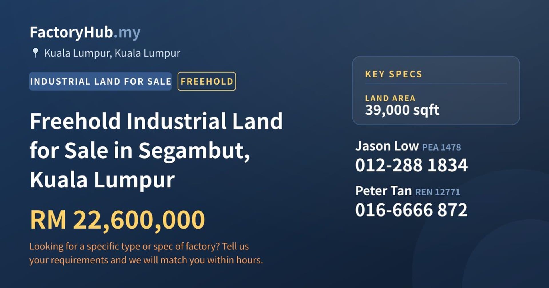Freehold Industrial Land for Sale in Segambut, Kuala Lumpur - Property image 1 of 2