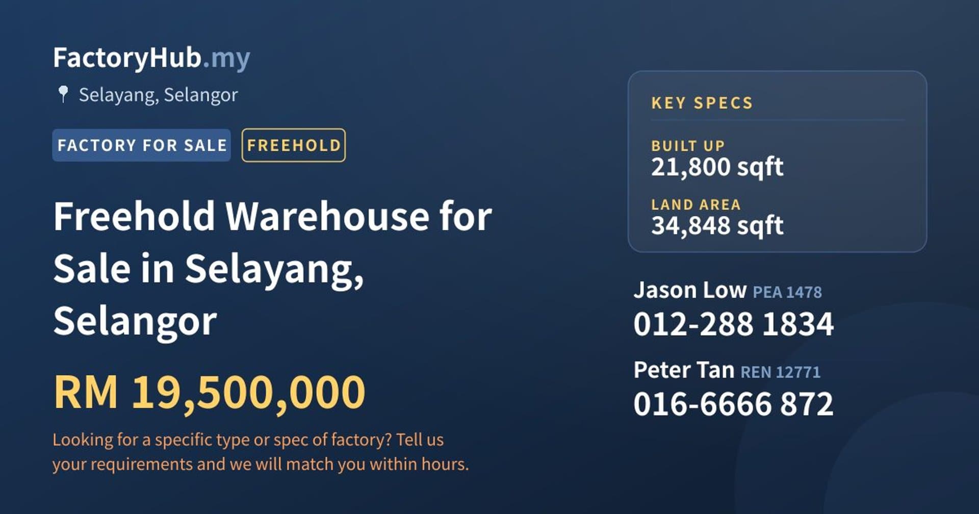 Freehold Warehouse for Sale in Selayang, Selangor - Property image 1 of 2
