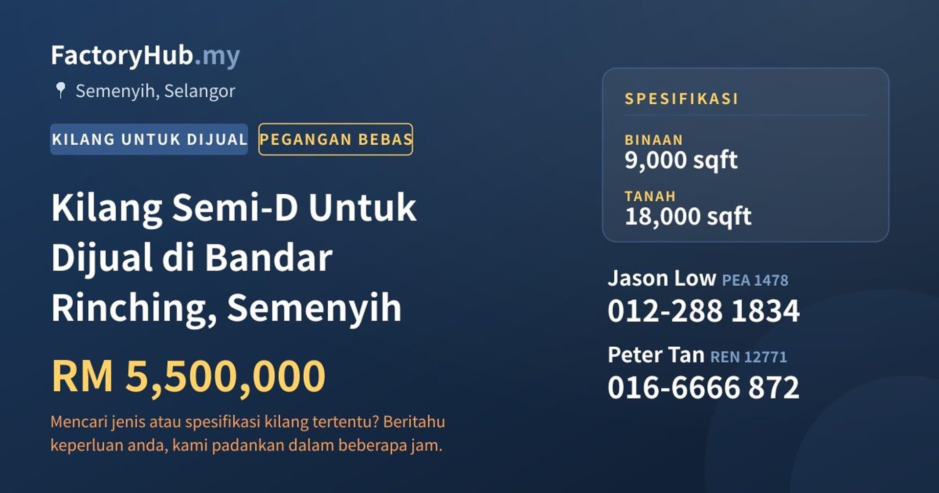 Kilang Semi-D Untuk Dijual di Bandar Rinching, Semenyih · Imej hartanah 1/2