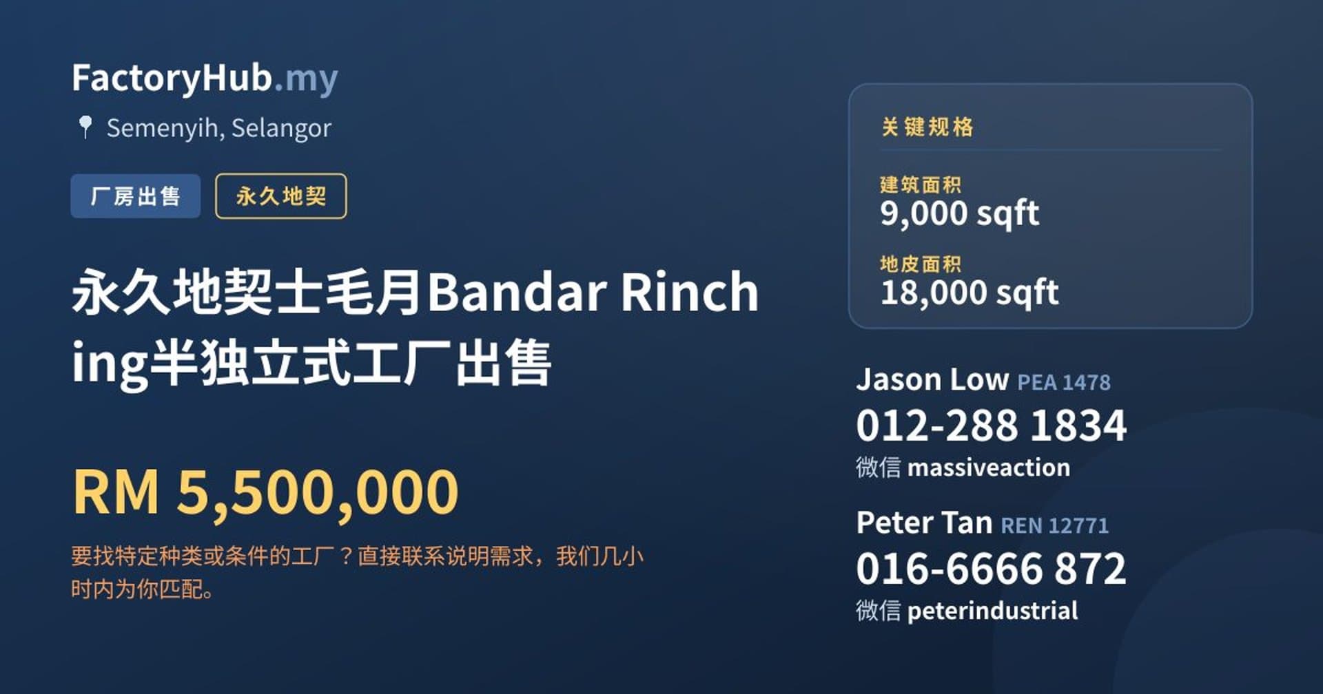 永久地契士毛月Bandar Rinching半独立式工厂出售 · 房源图片 1/2