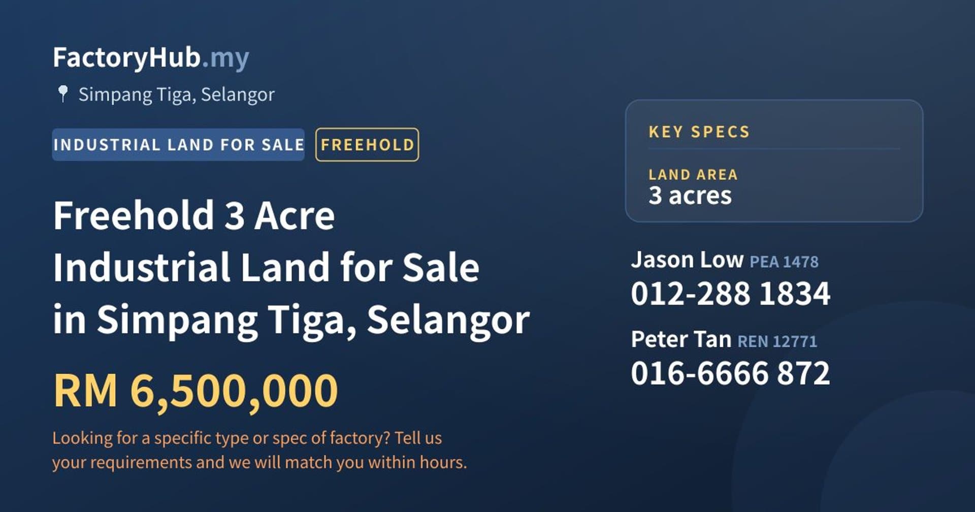Freehold 3 Acre Industrial Land for Sale in Simpang Tiga, Selangor - Property image 1 of 2