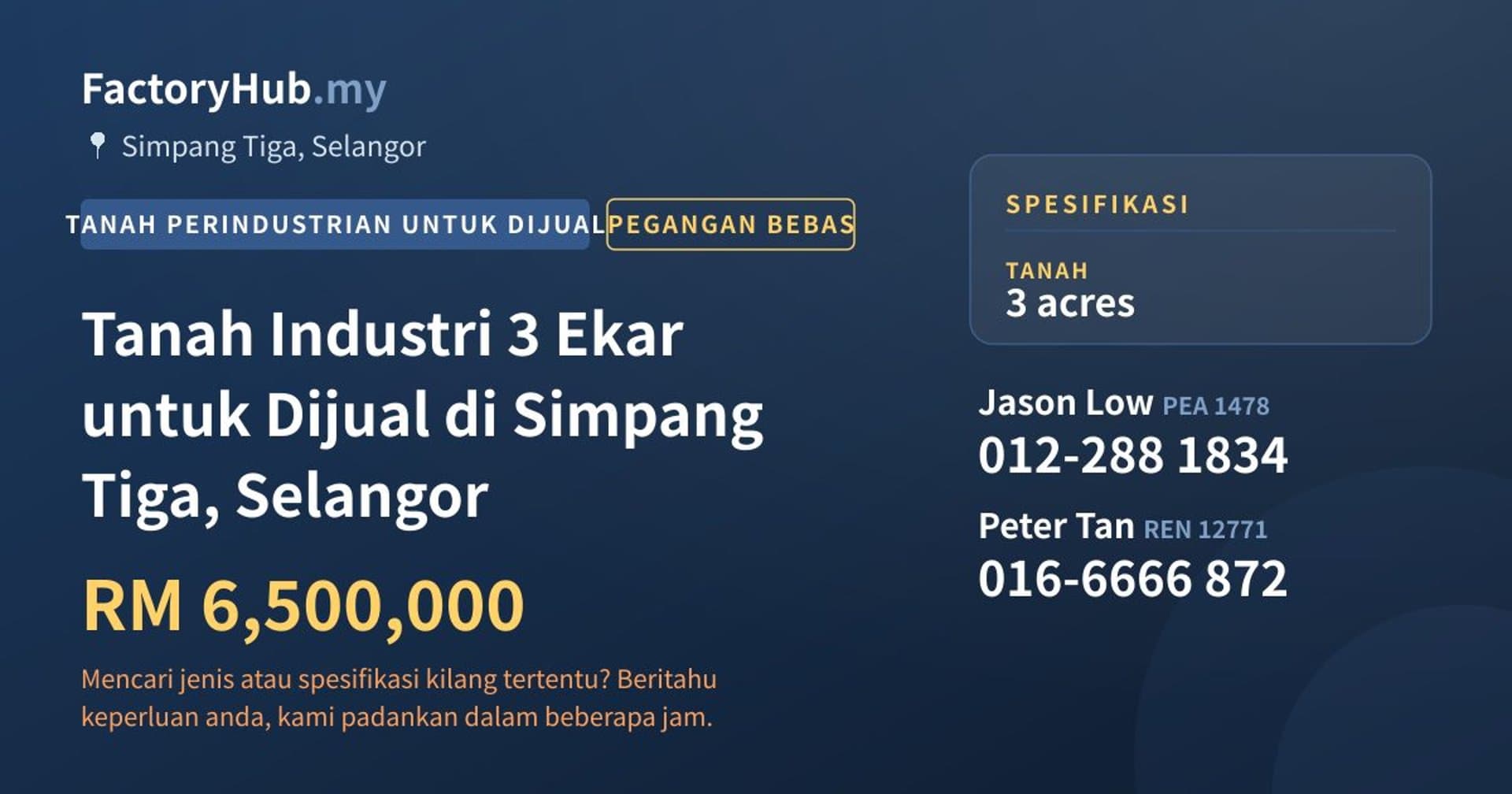 Tanah Industri 3 Ekar untuk Dijual di Simpang Tiga, Selangor · Imej hartanah 1/2