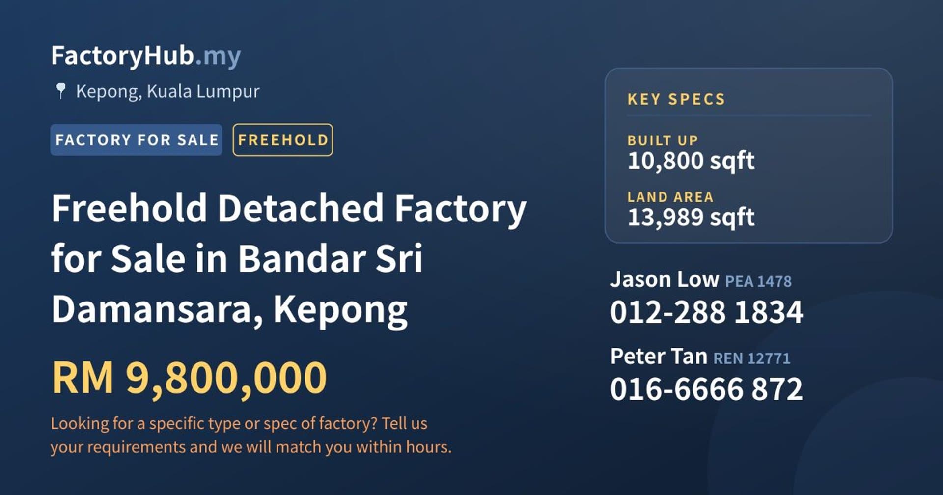 Freehold Detached Factory for Sale in Bandar Sri Damansara, Kepong - Property image 1 of 2