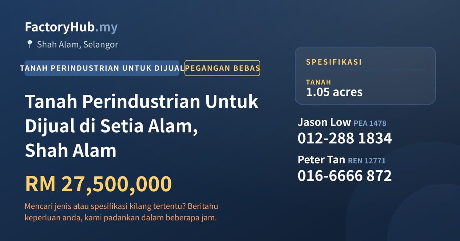 Tanah Perindustrian Untuk Dijual di Setia Alam, Shah Alam · Imej hartanah 1/2