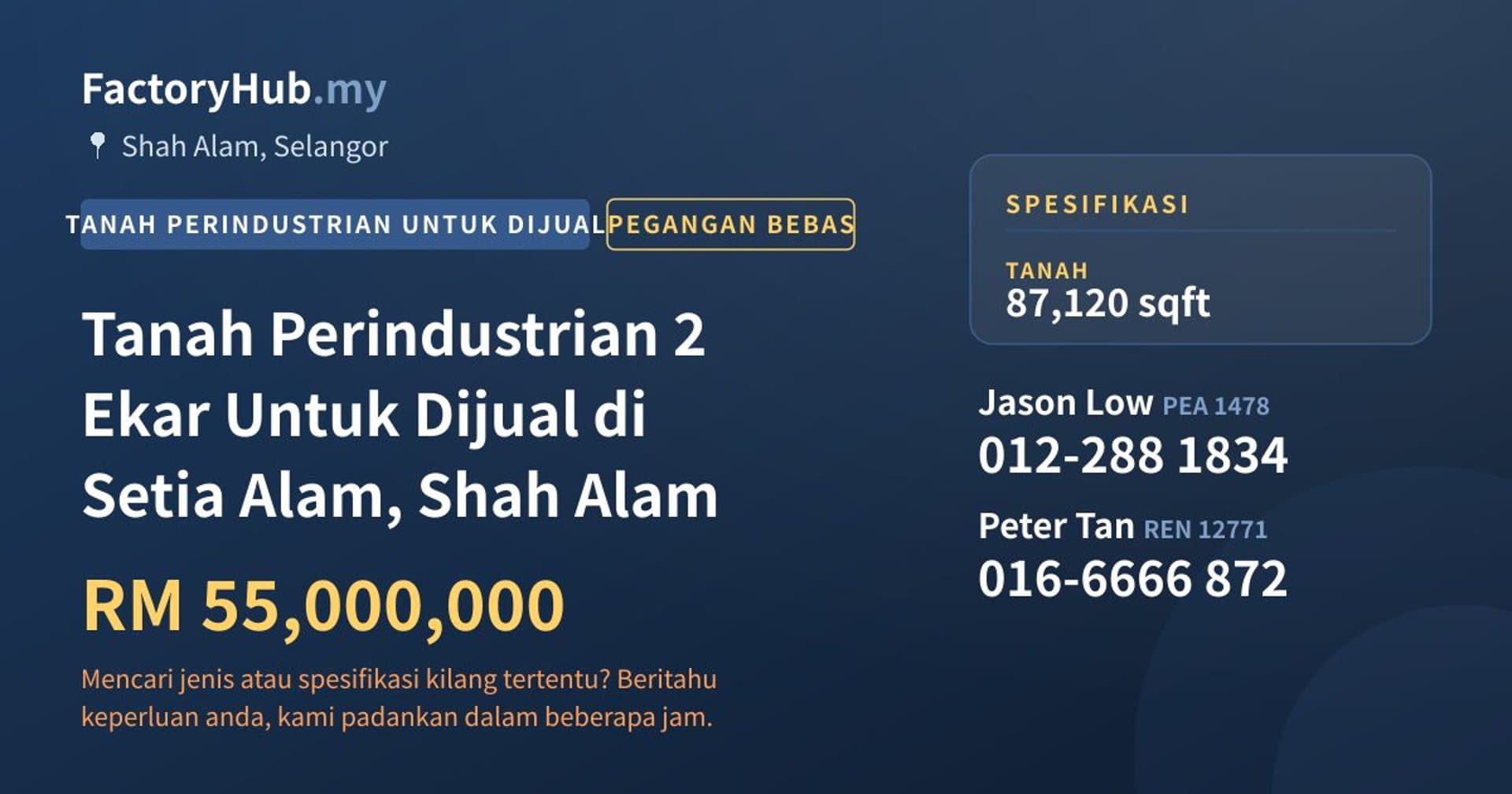 Tanah Perindustrian 2 Ekar Untuk Dijual di Setia Alam, Shah Alam · Imej hartanah 1/2