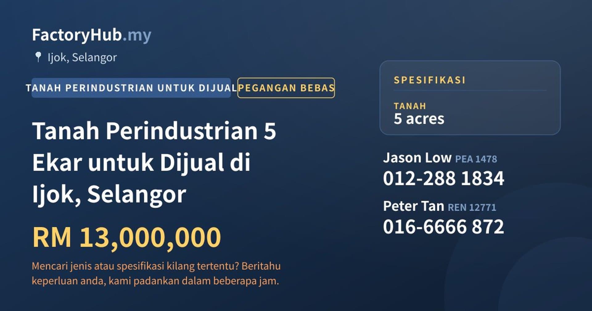 Tanah Perindustrian 5 Ekar untuk Dijual di Ijok, Selangor · Imej hartanah 1/2