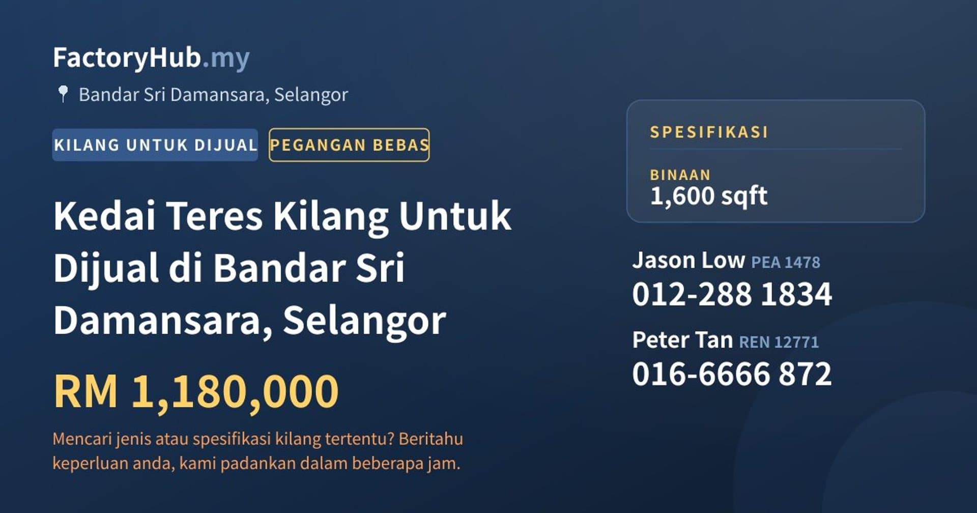 Kedai Teres Kilang Untuk Dijual di Bandar Sri Damansara, Selangor · Imej hartanah 1/2