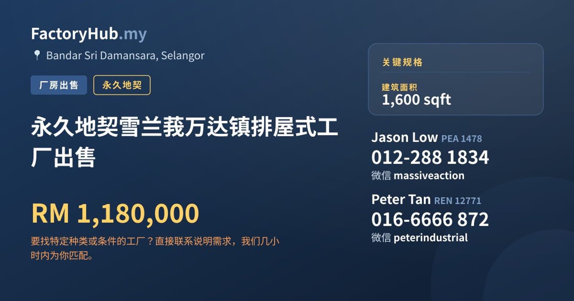 永久地契雪兰莪万达镇排屋式工厂出售 · 房源图片 1/2