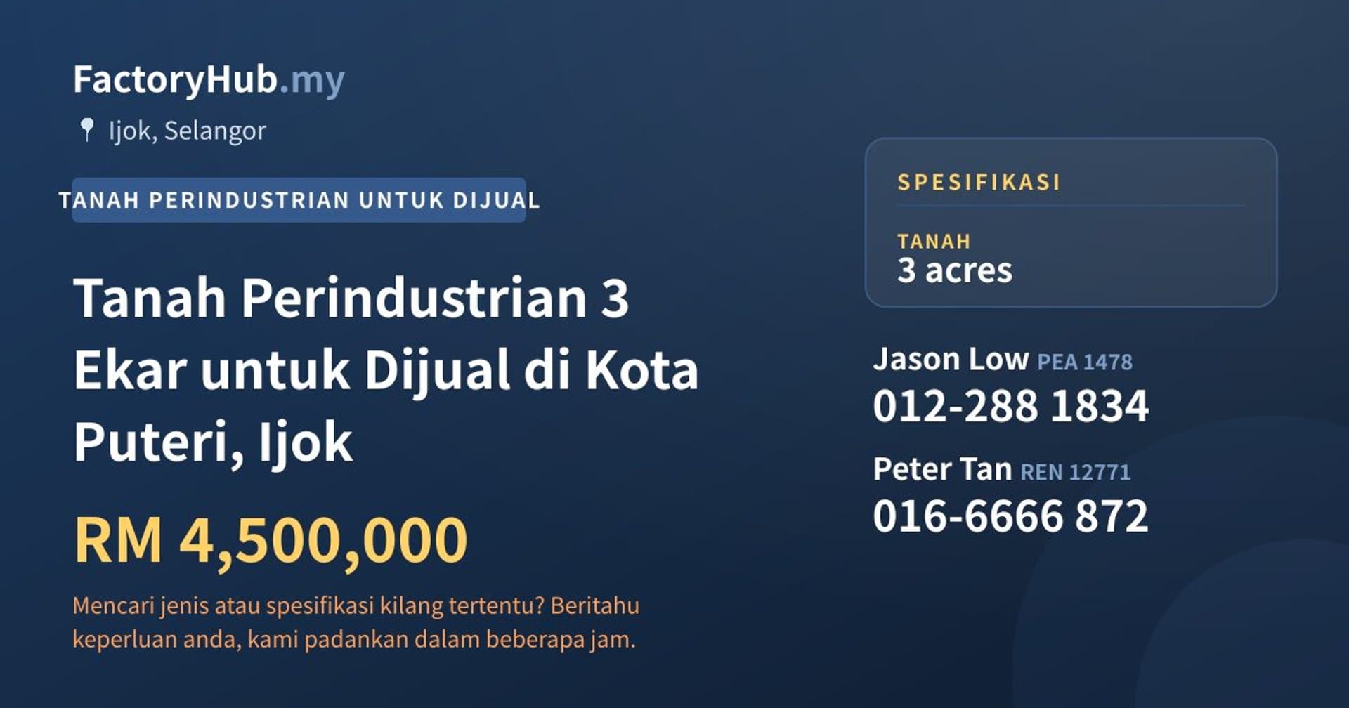 Tanah Perindustrian 3 Ekar untuk Dijual di Kota Puteri, Ijok · Imej hartanah 1/2