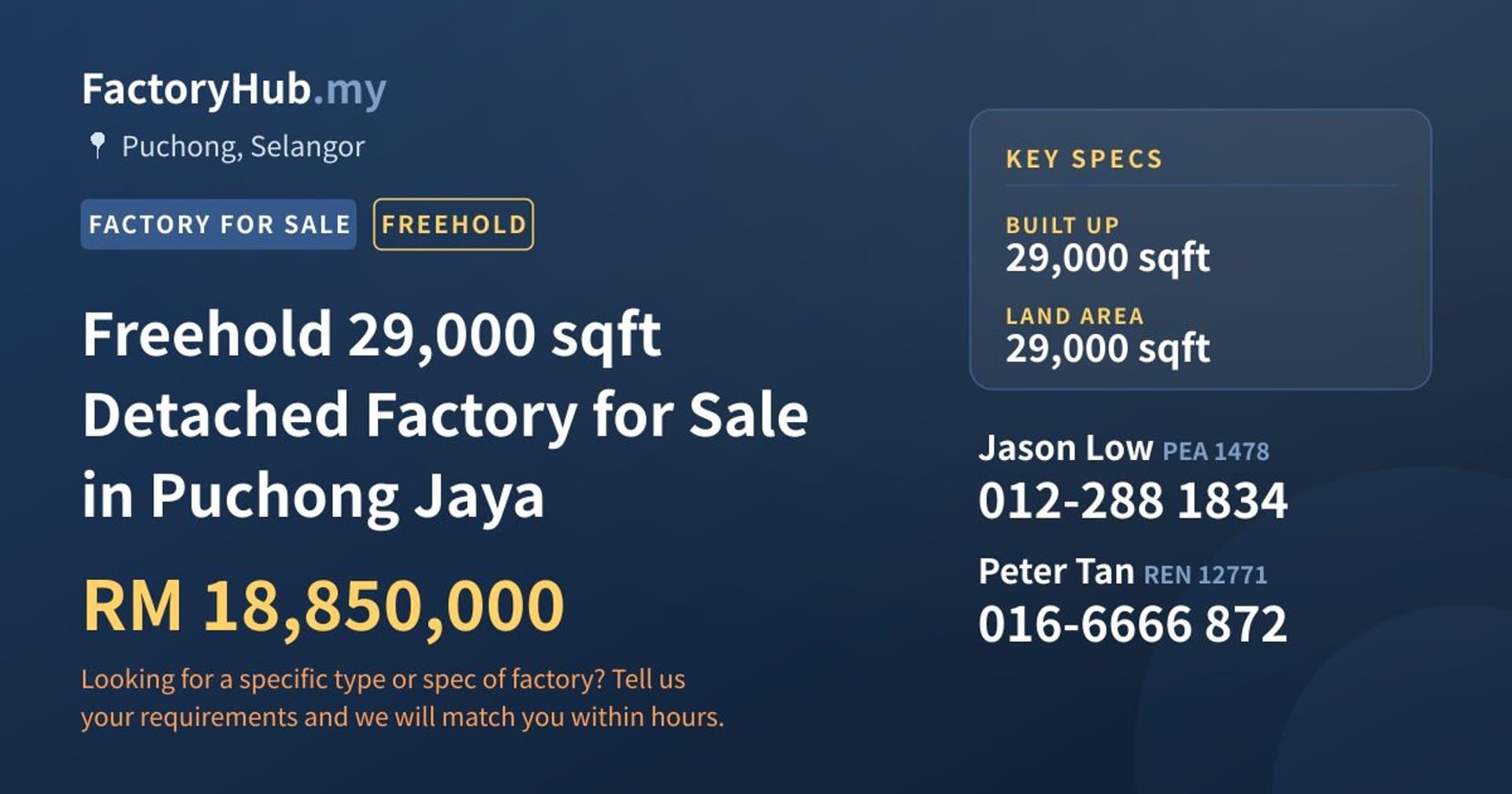 Freehold 29,000 sqft Detached Factory for Sale in Puchong Jaya - Property image 1 of 2