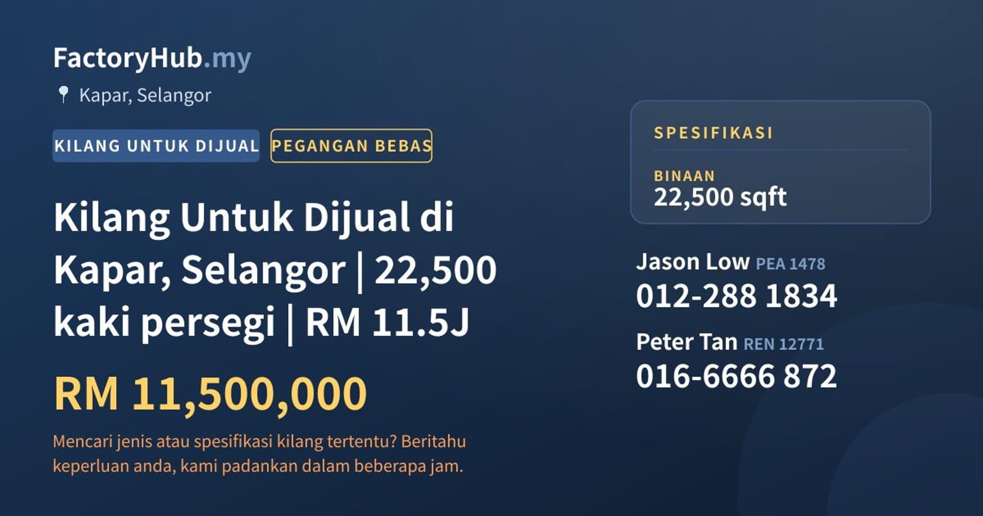 Kilang Untuk Dijual di Kapar, Selangor | 22,500 kaki persegi | RM 11.5J · Imej hartanah 1/2