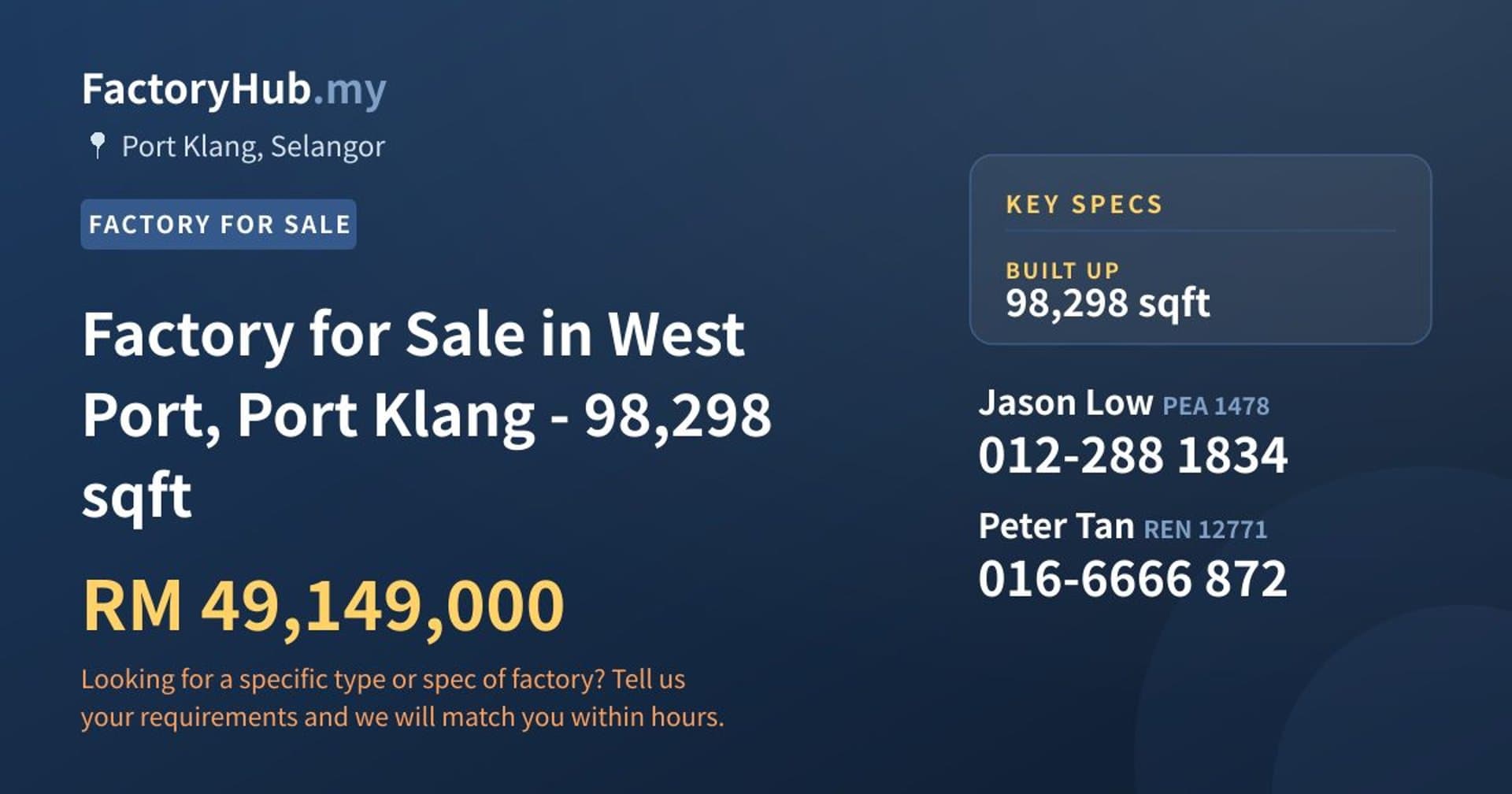 Factory for Sale in West Port, Port Klang - 98,298 sqft - Property image 1 of 2