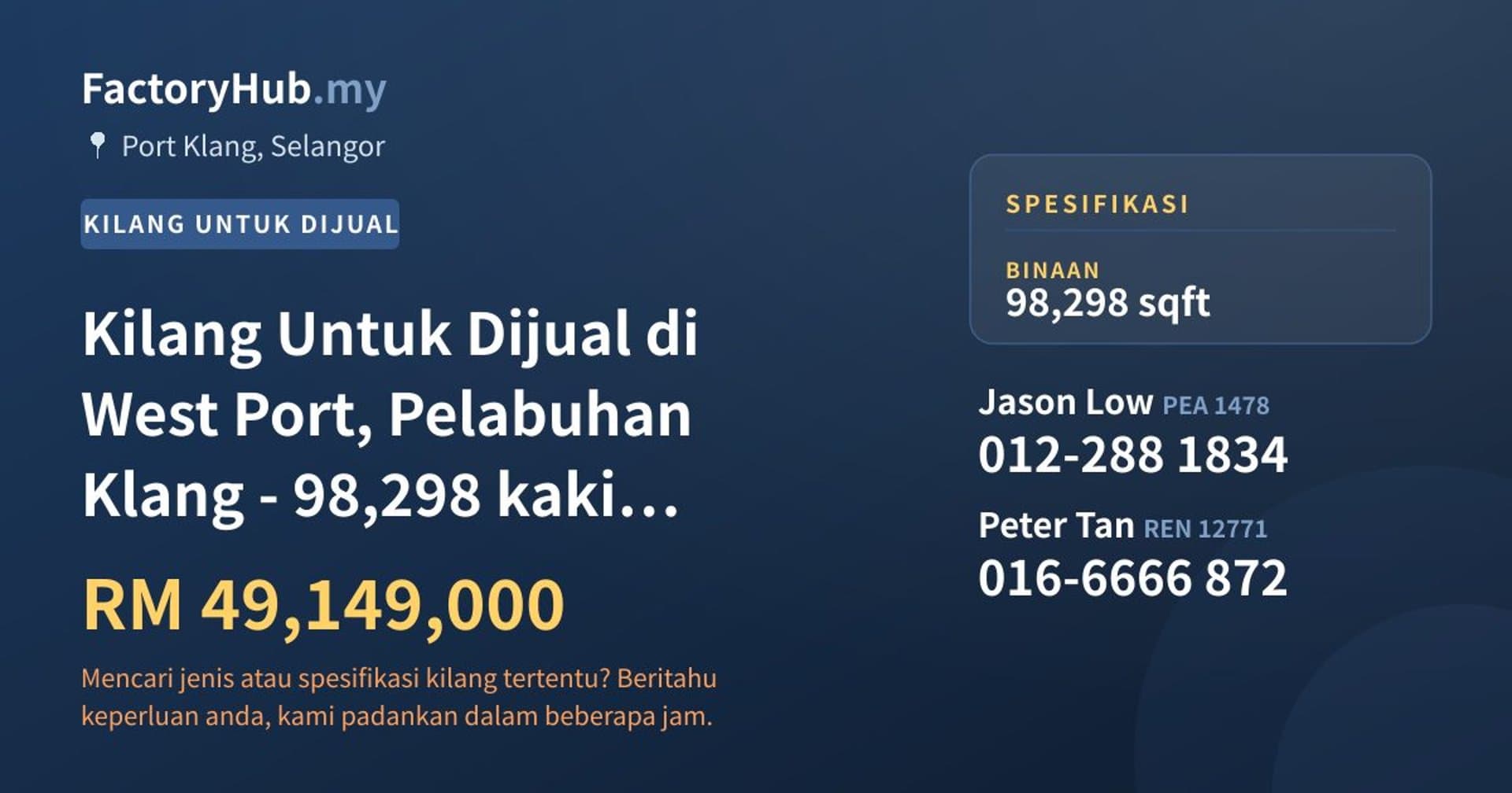 Kilang Untuk Dijual di West Port, Pelabuhan Klang - 98,298 kaki persegi · Imej hartanah 1/2