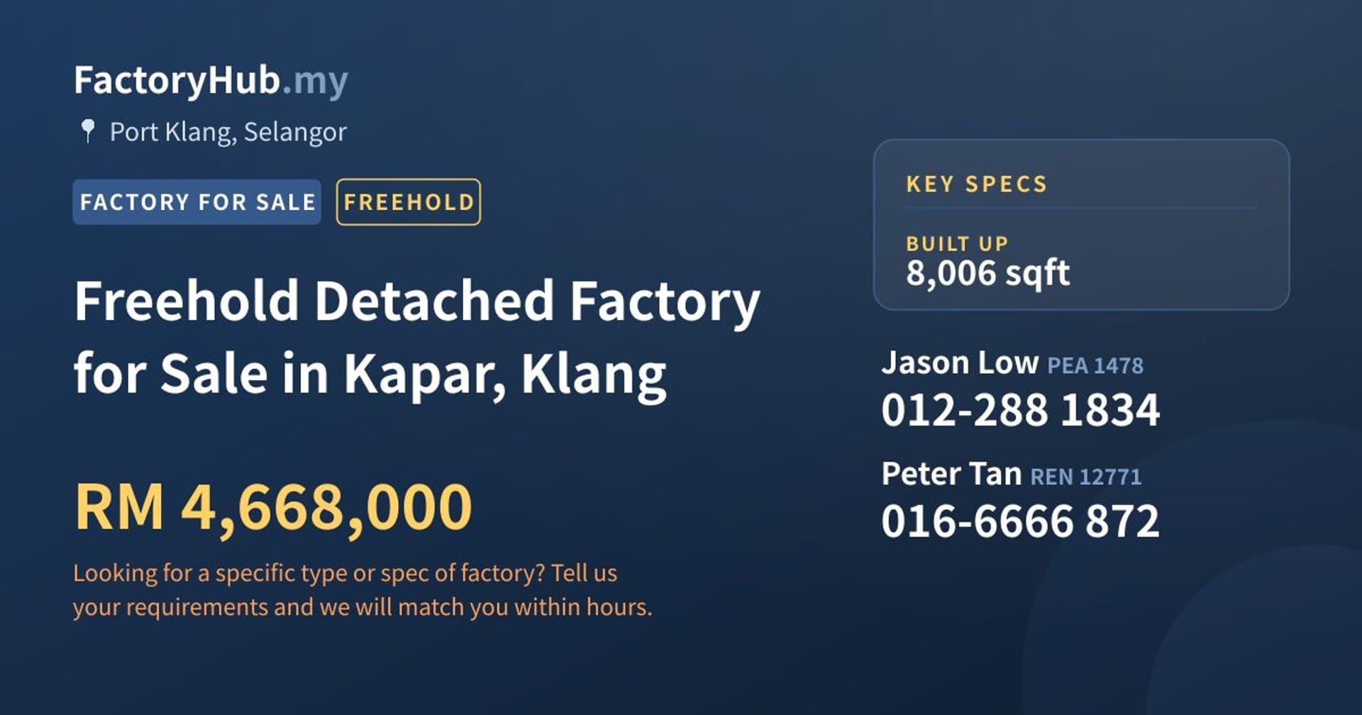 Freehold Detached Factory for Sale in Kapar, Klang - Property image 1 of 2