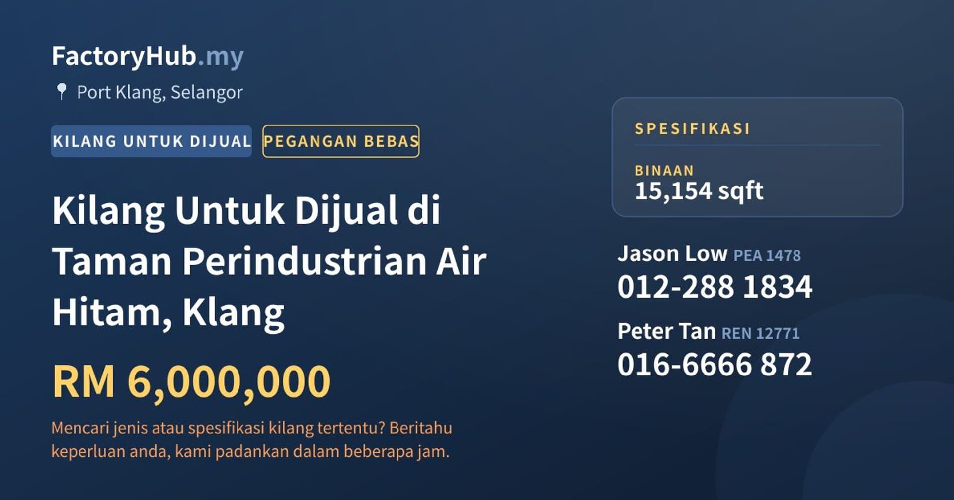 Kilang Untuk Dijual di Taman Perindustrian Air Hitam, Klang · Imej hartanah 1/2