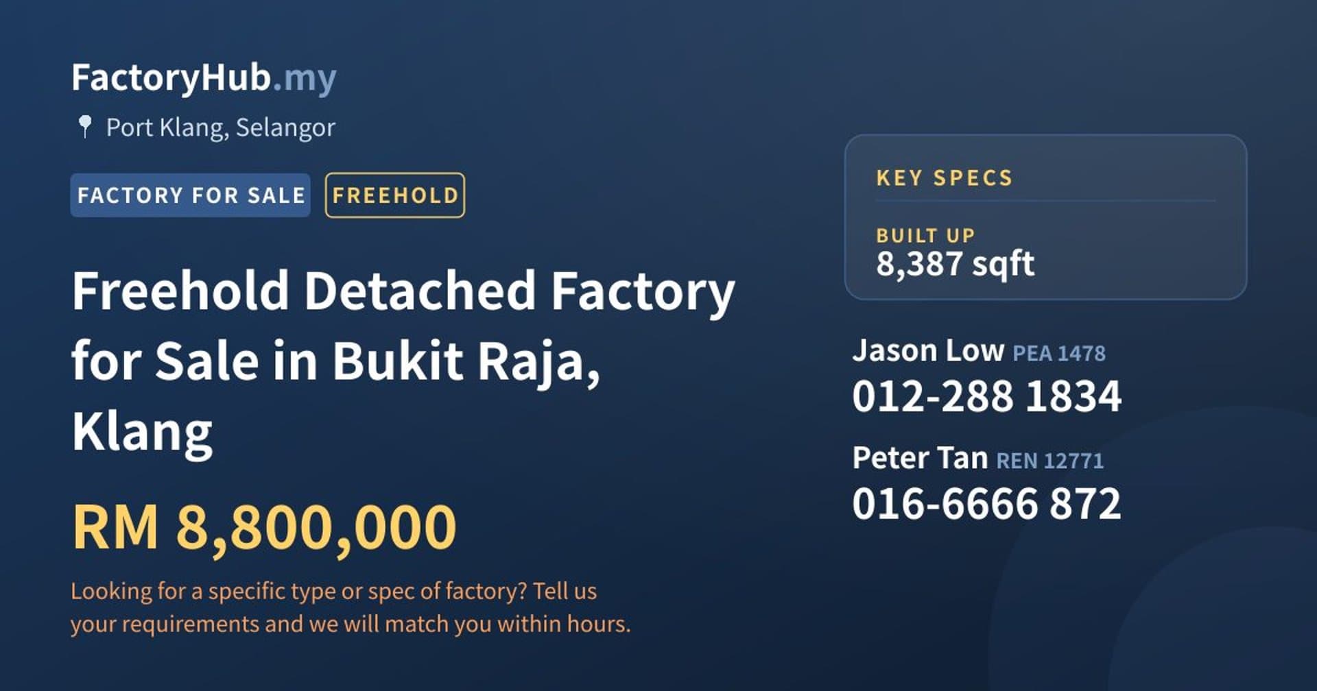 Freehold Detached Factory for Sale in Bukit Raja, Klang - Property image 1 of 2