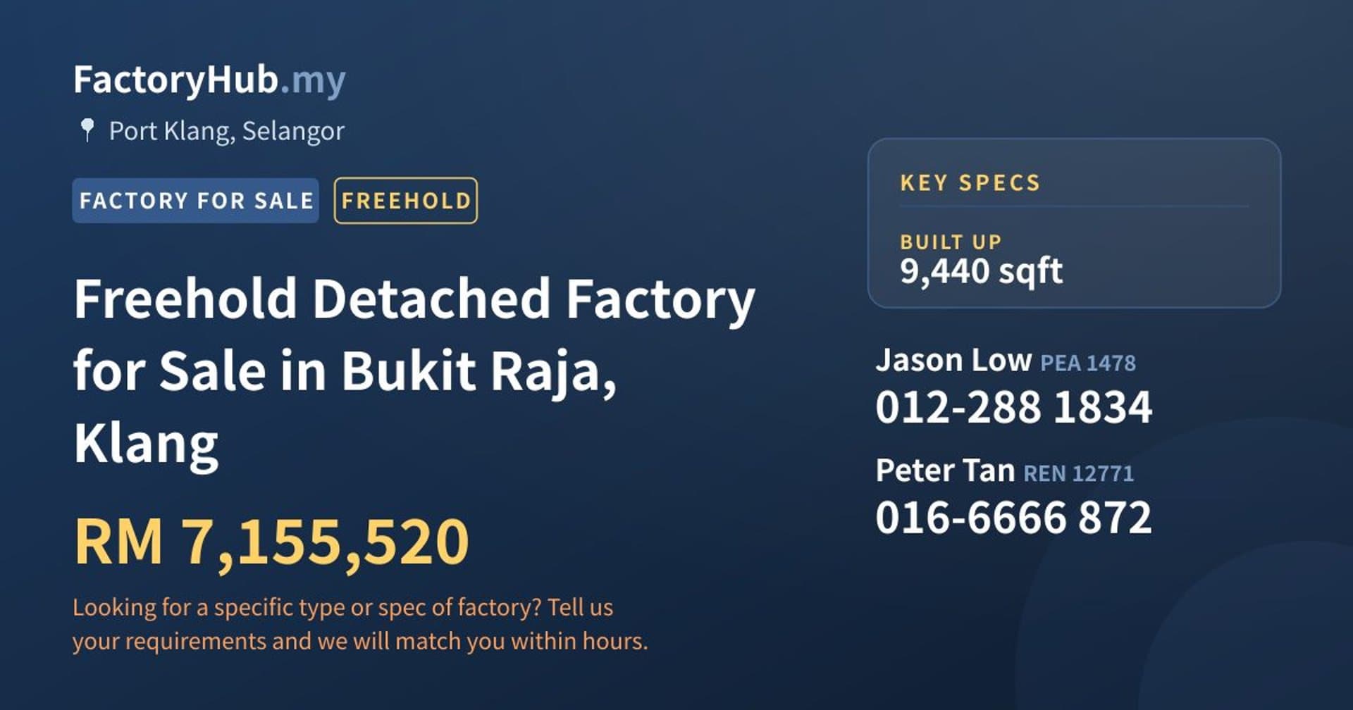 Freehold Detached Factory for Sale in Bukit Raja, Klang - Property image 1 of 2