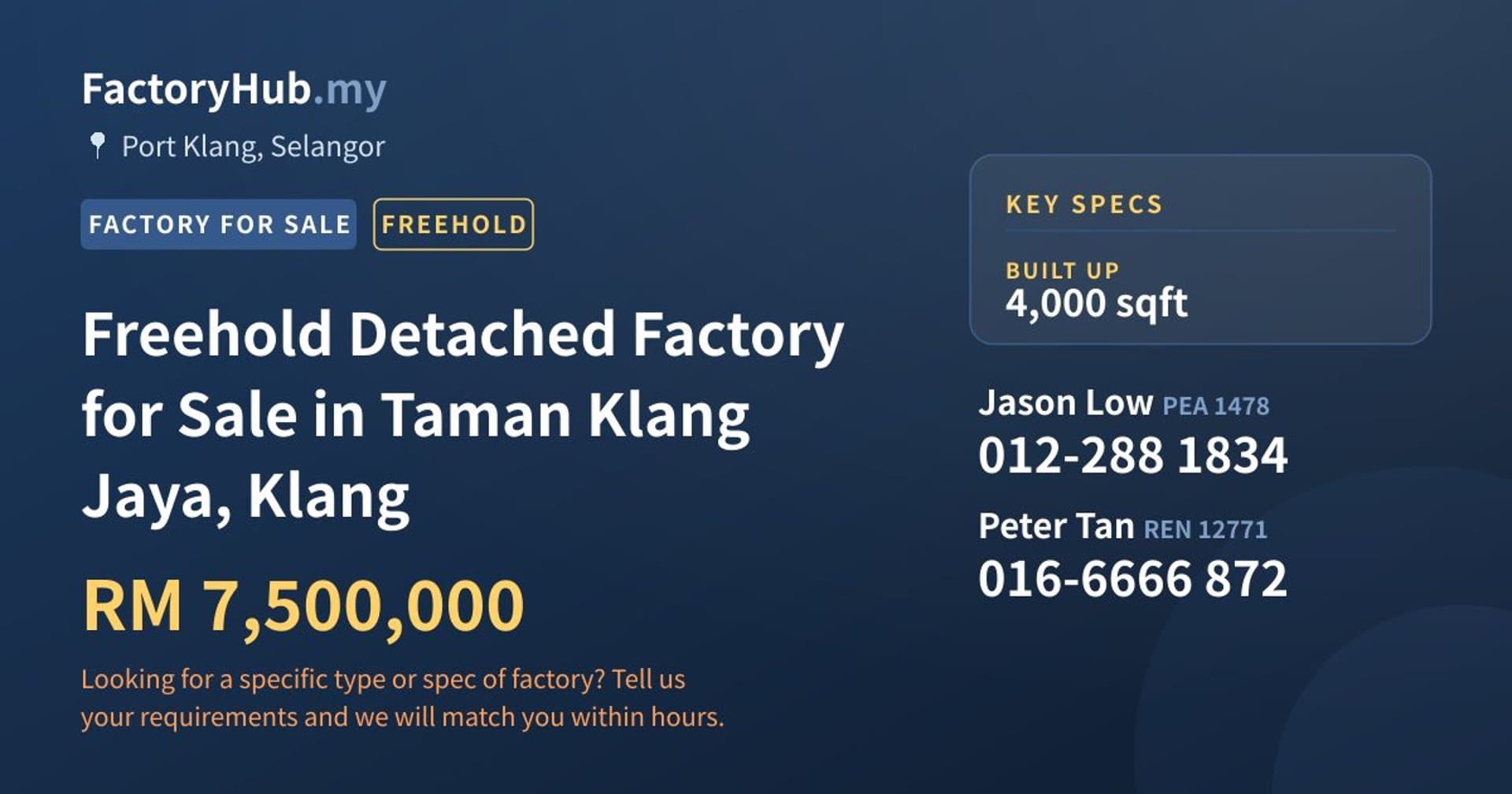Freehold Detached Factory for Sale in Taman Klang Jaya, Klang - Property image 1 of 2