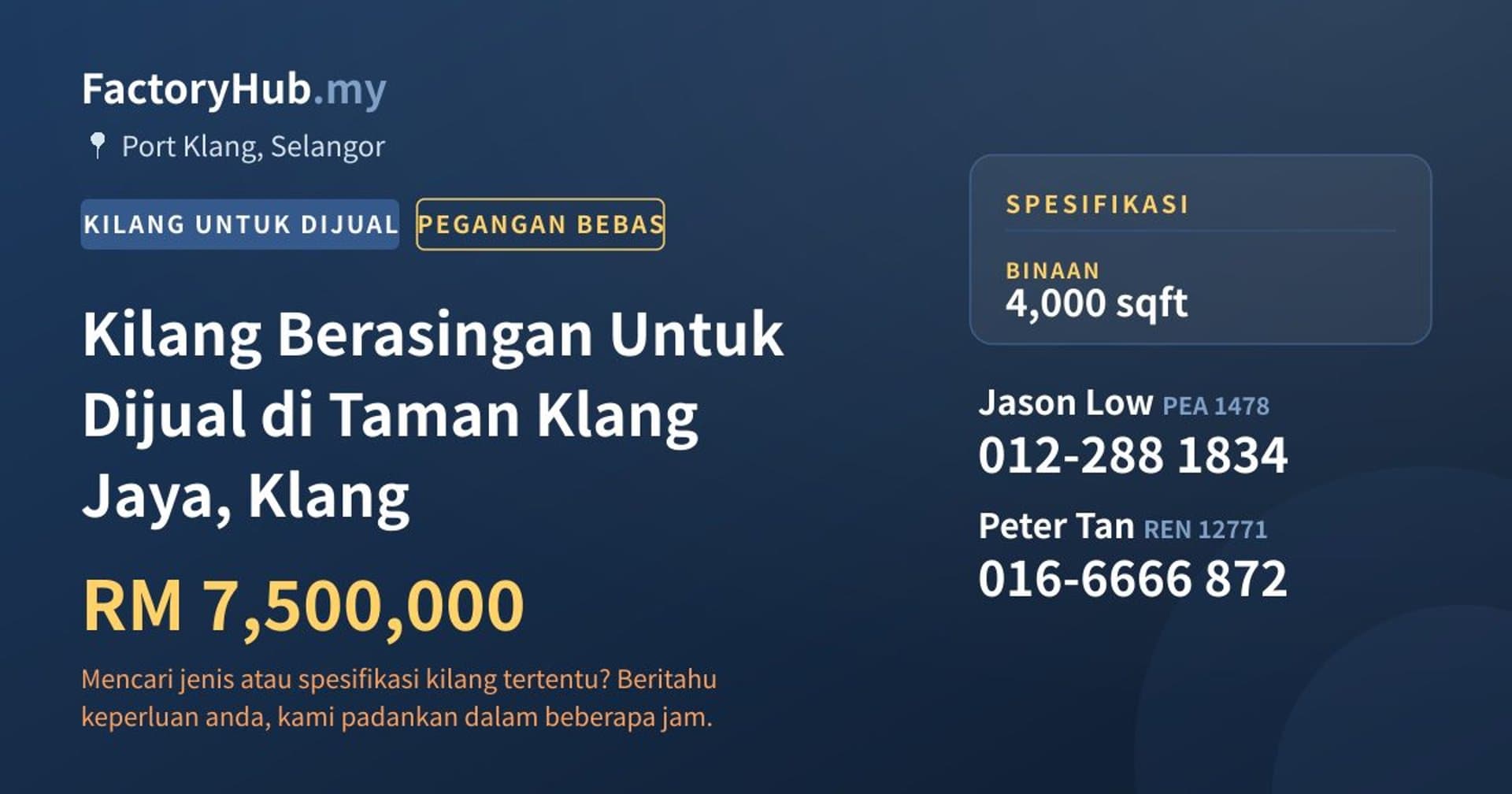 Kilang Berasingan Untuk Dijual di Taman Klang Jaya, Klang · Imej hartanah 1/2