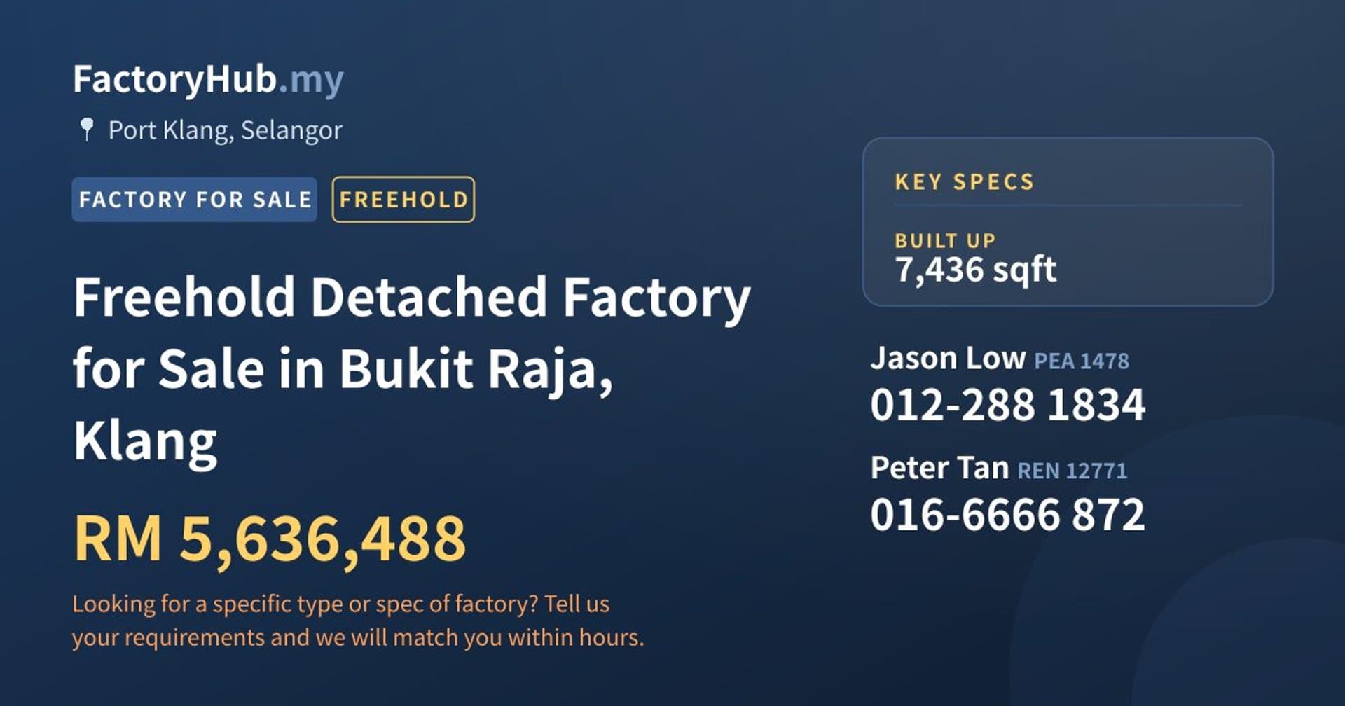 Freehold Detached Factory for Sale in Bukit Raja, Klang - Property image 1 of 2