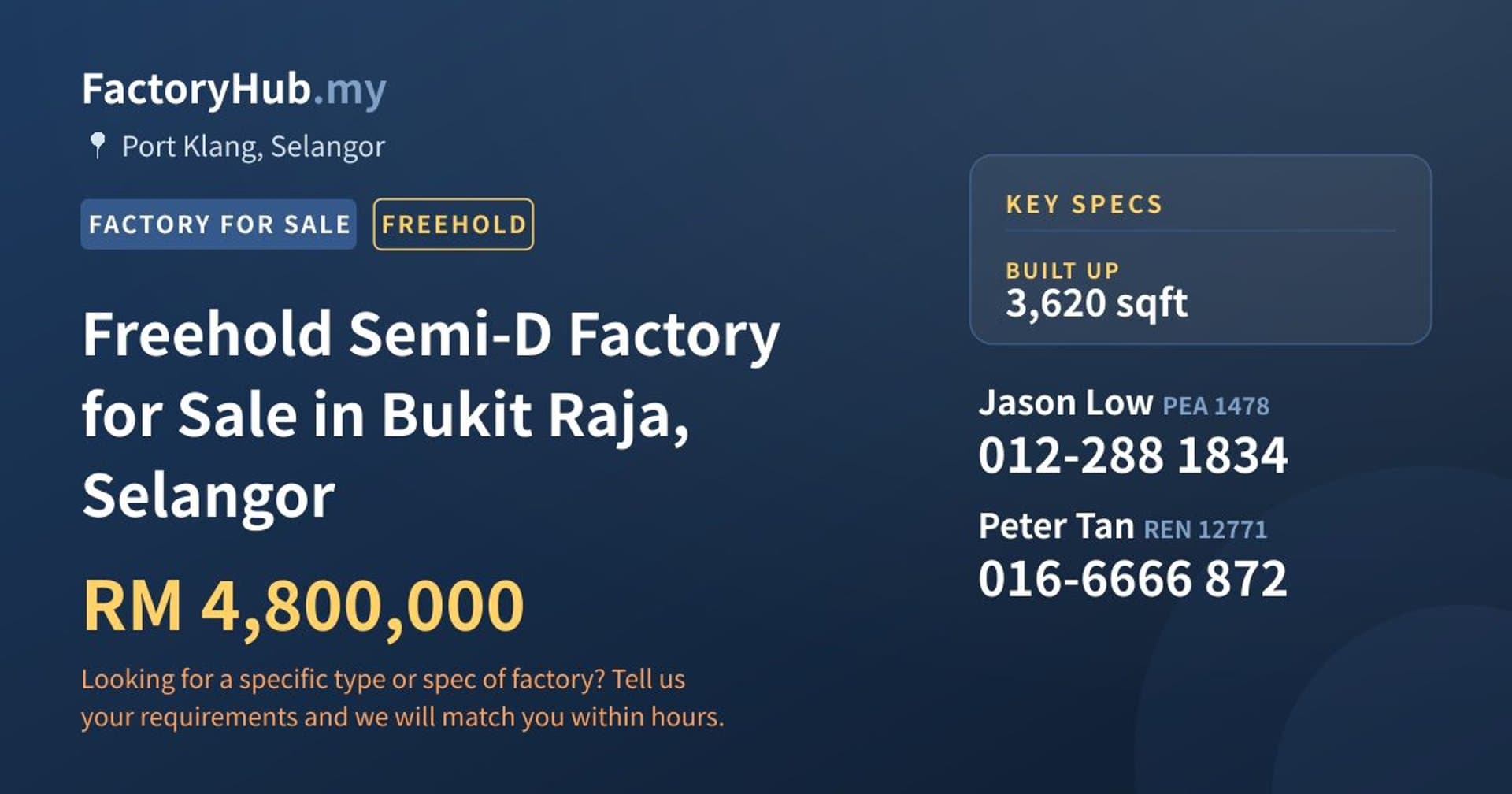 Freehold Semi-D Factory for Sale in Bukit Raja, Selangor - Property image 1 of 2