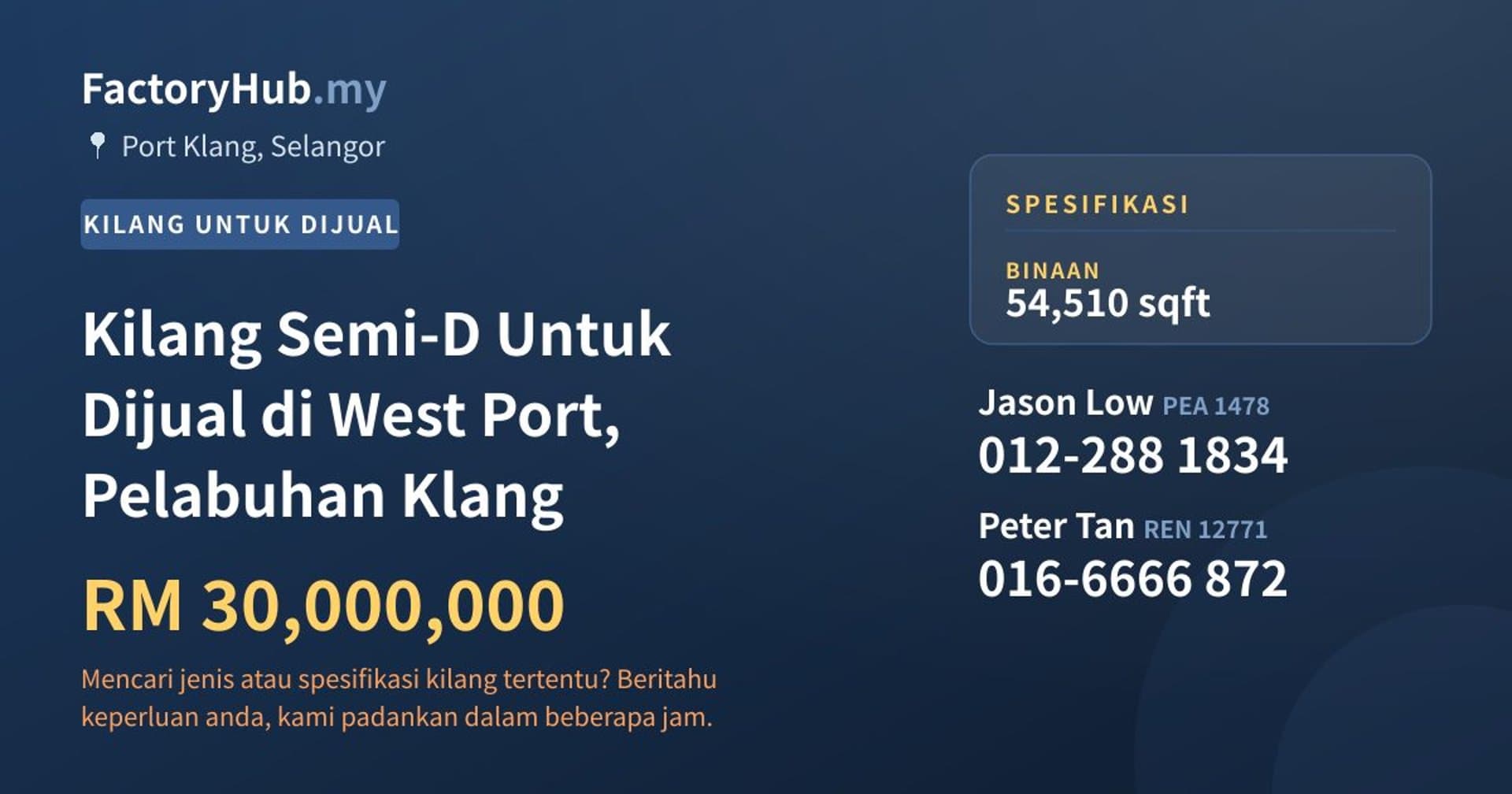 Kilang Semi-D Untuk Dijual di West Port, Pelabuhan Klang · Imej hartanah 1/2