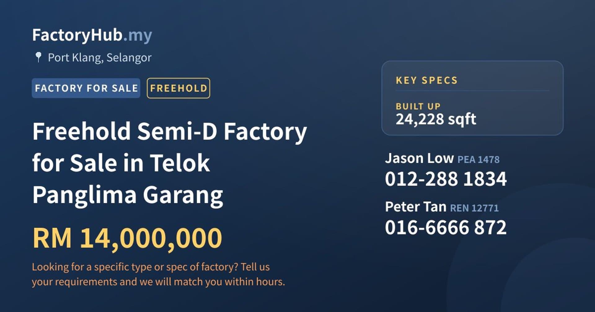 Freehold Semi-D Factory for Sale in Telok Panglima Garang - Property image 1 of 2