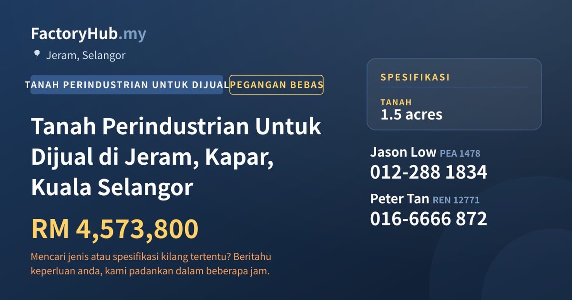 Tanah Perindustrian Untuk Dijual di Jeram, Kapar, Kuala Selangor · Imej hartanah 1/2