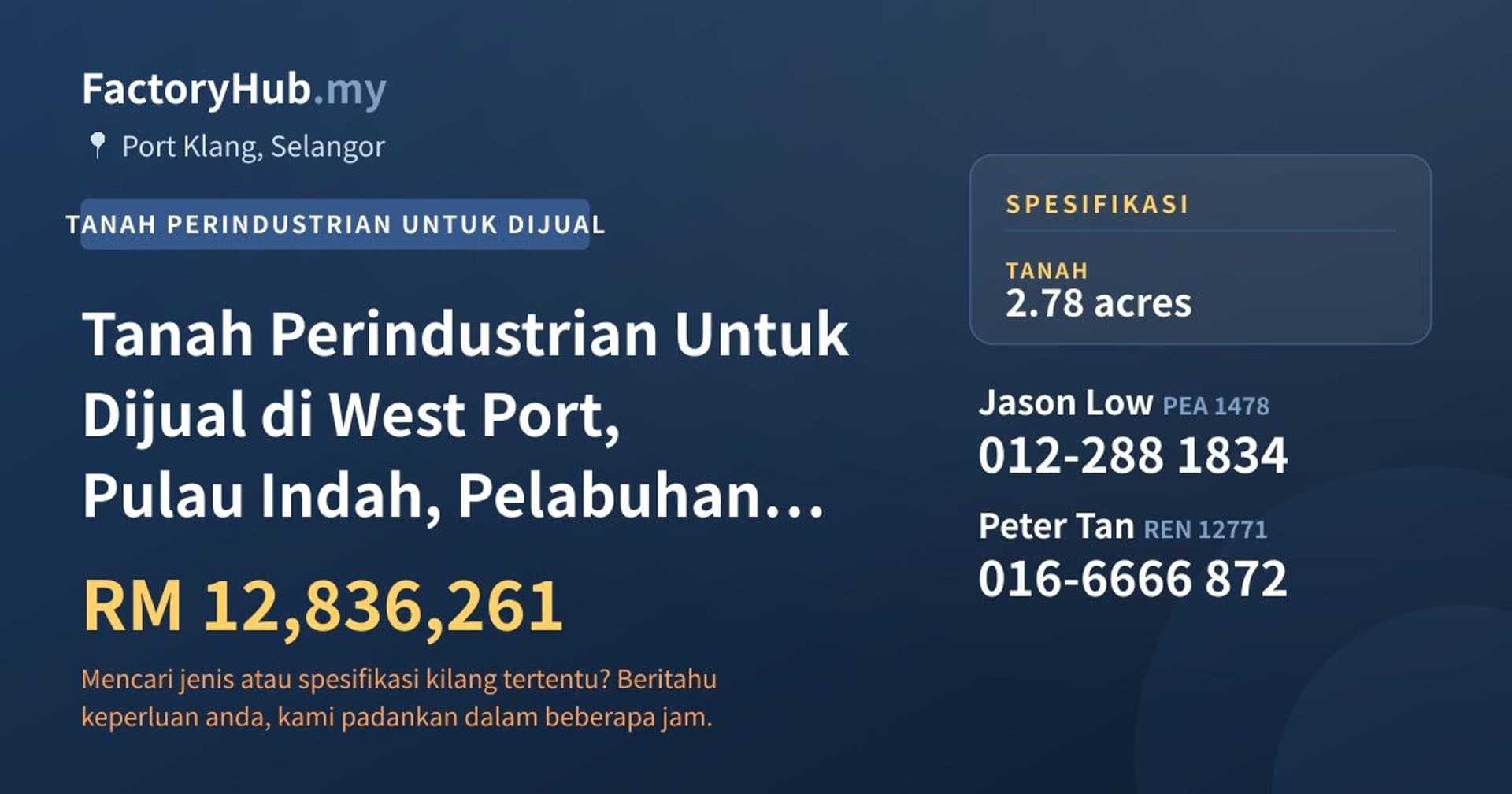 Tanah Perindustrian Untuk Dijual di West Port, Pulau Indah, Pelabuhan Klang · Imej hartanah 1/2