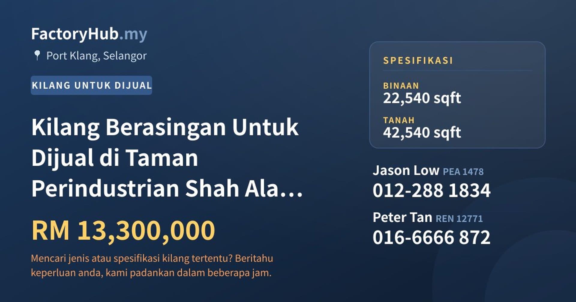 Kilang Berasingan Untuk Dijual di Taman Perindustrian Shah Alam, Pelabuhan Klang · Imej hartanah 1/2