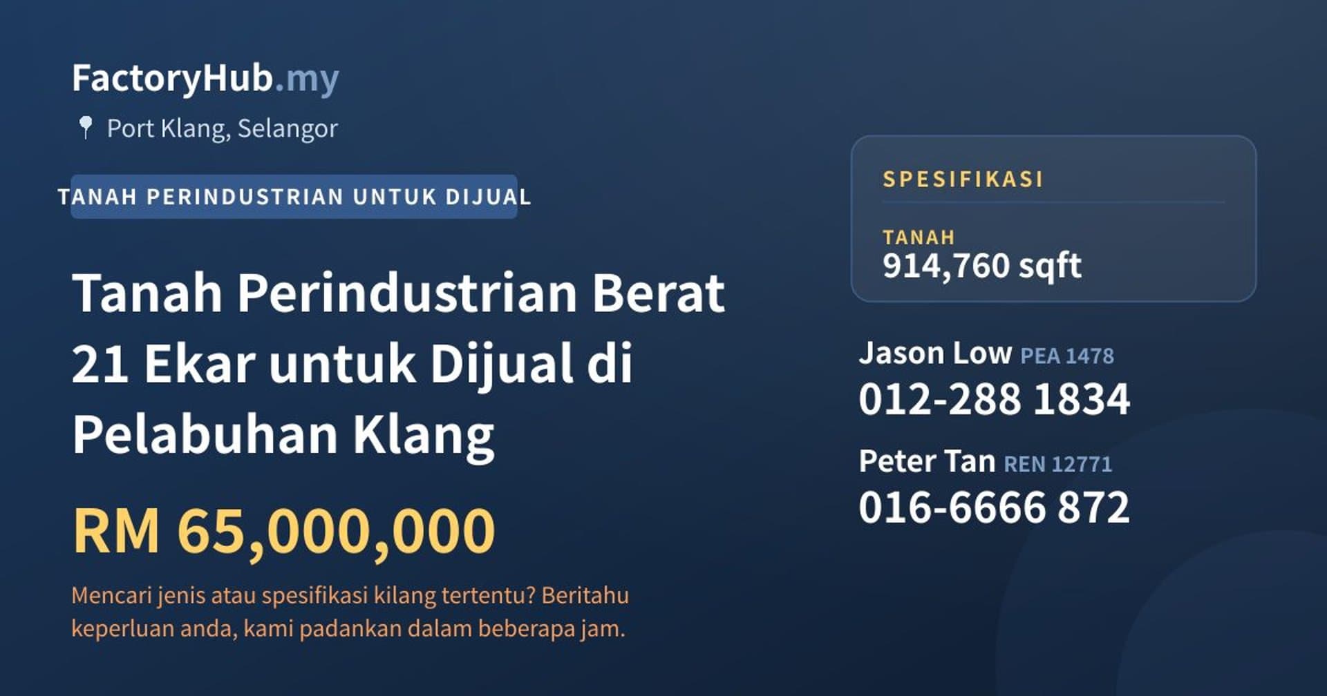Tanah Perindustrian Berat 21 Ekar untuk Dijual di Pelabuhan Klang · Imej hartanah 1/2