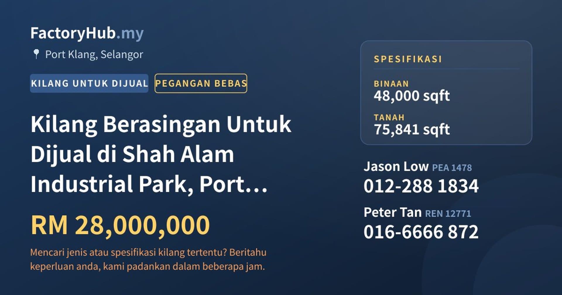 Kilang Berasingan Untuk Dijual di Shah Alam Industrial Park, Port Klang · Imej hartanah 1/2