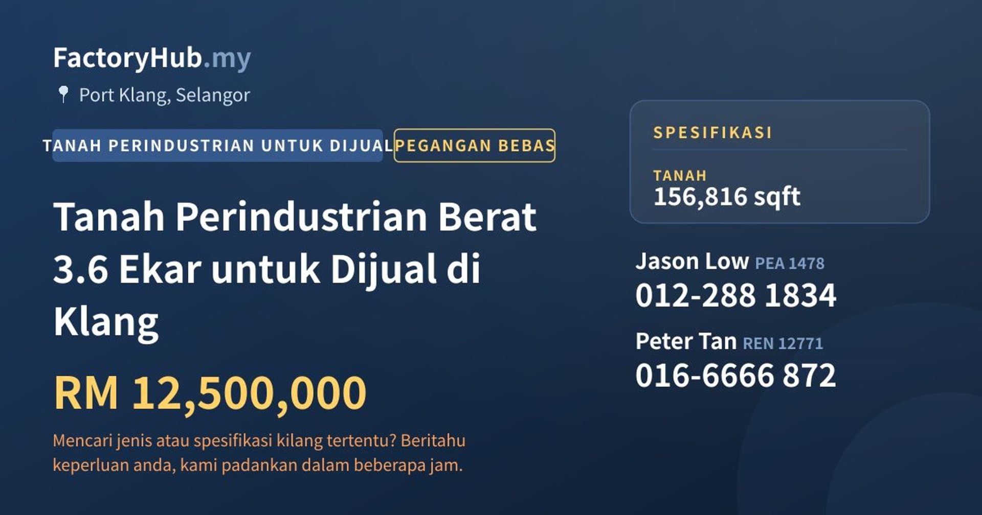 Tanah Perindustrian Berat 3.6 Ekar untuk Dijual di Klang · Imej hartanah 1/2