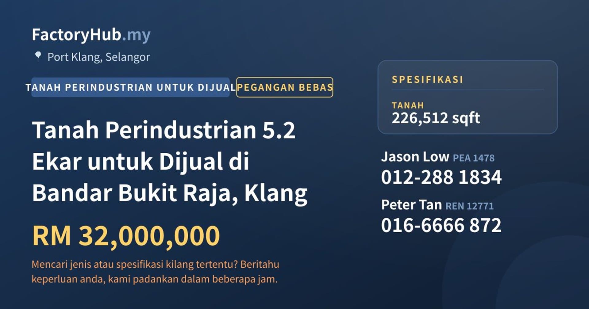 Tanah Perindustrian 5.2 Ekar untuk Dijual di Bandar Bukit Raja, Klang · Imej hartanah 1/2