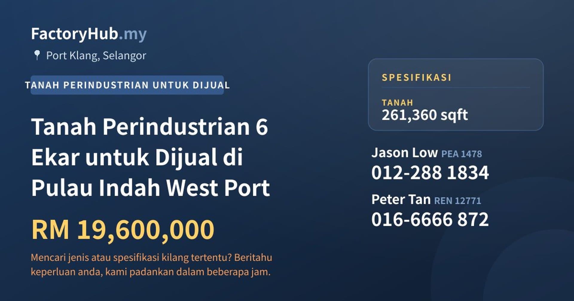 Tanah Perindustrian 6 Ekar untuk Dijual di Pulau Indah West Port · Imej hartanah 1/2