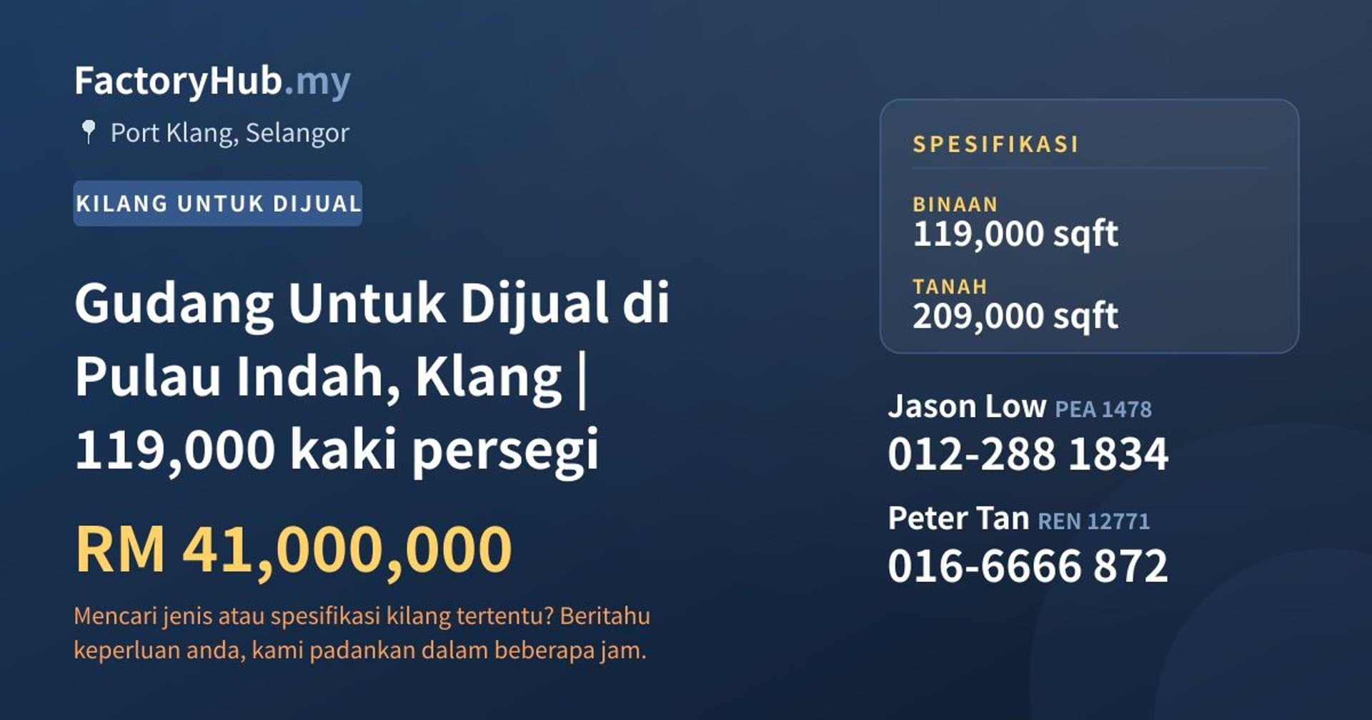 Gudang Untuk Dijual di Pulau Indah, Klang | 119,000 kaki persegi · Imej hartanah 1/2