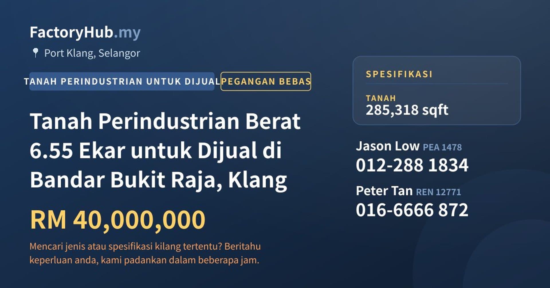 Tanah Perindustrian Berat 6.55 Ekar untuk Dijual di Bandar Bukit Raja, Klang · Imej hartanah 1/2