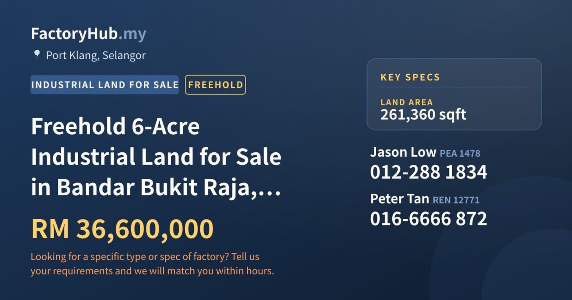 Freehold 6-Acre Industrial Land for Sale in Bandar Bukit Raja, Klang - Property image 1 of 2