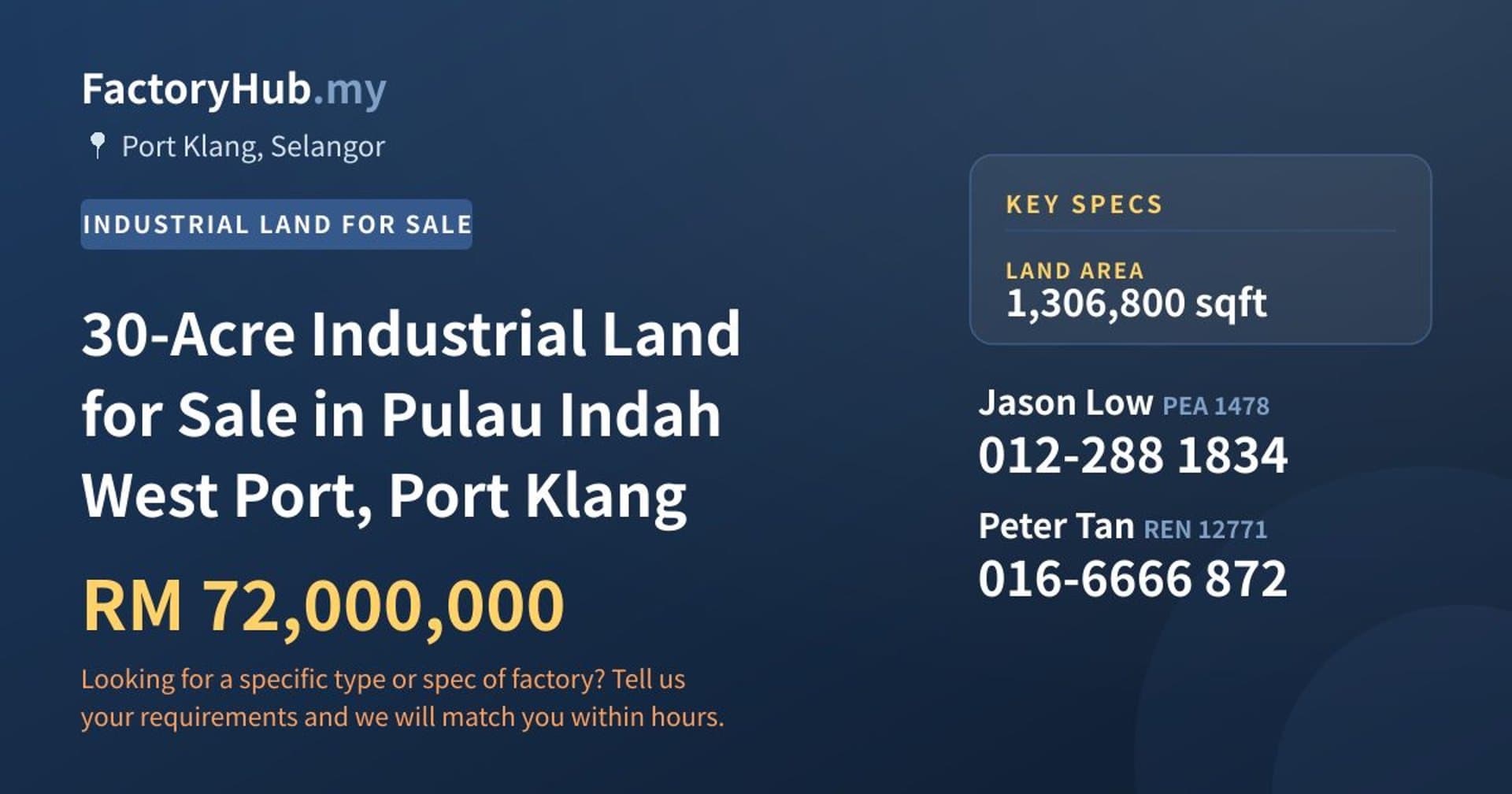 30-Acre Industrial Land for Sale in Pulau Indah West Port, Port Klang - Property image 1 of 2
