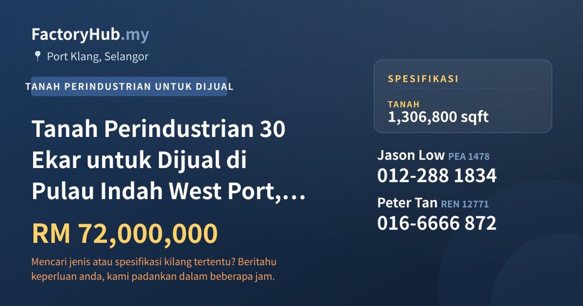 Tanah Perindustrian 30 Ekar untuk Dijual di Pulau Indah West Port, Pelabuhan Klang · Imej hartanah 1/2
