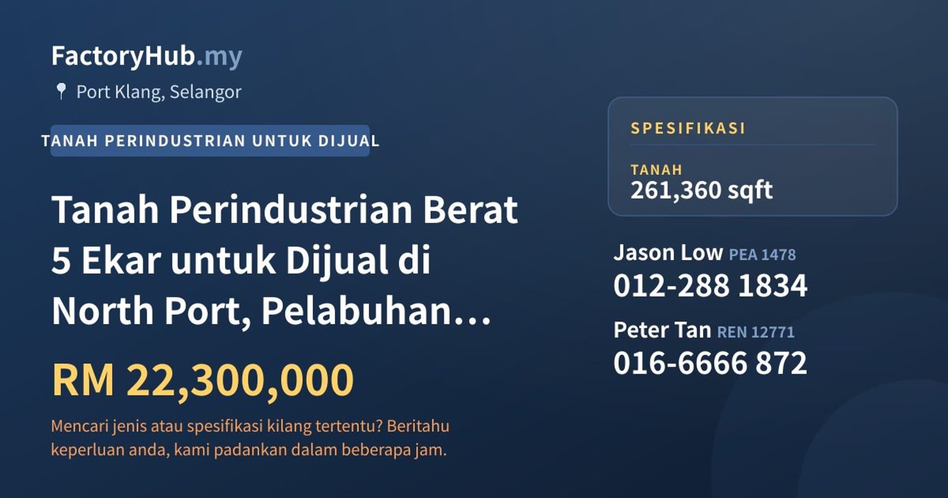 Tanah Perindustrian Berat 5 Ekar untuk Dijual di North Port, Pelabuhan Klang · Imej hartanah 1/2
