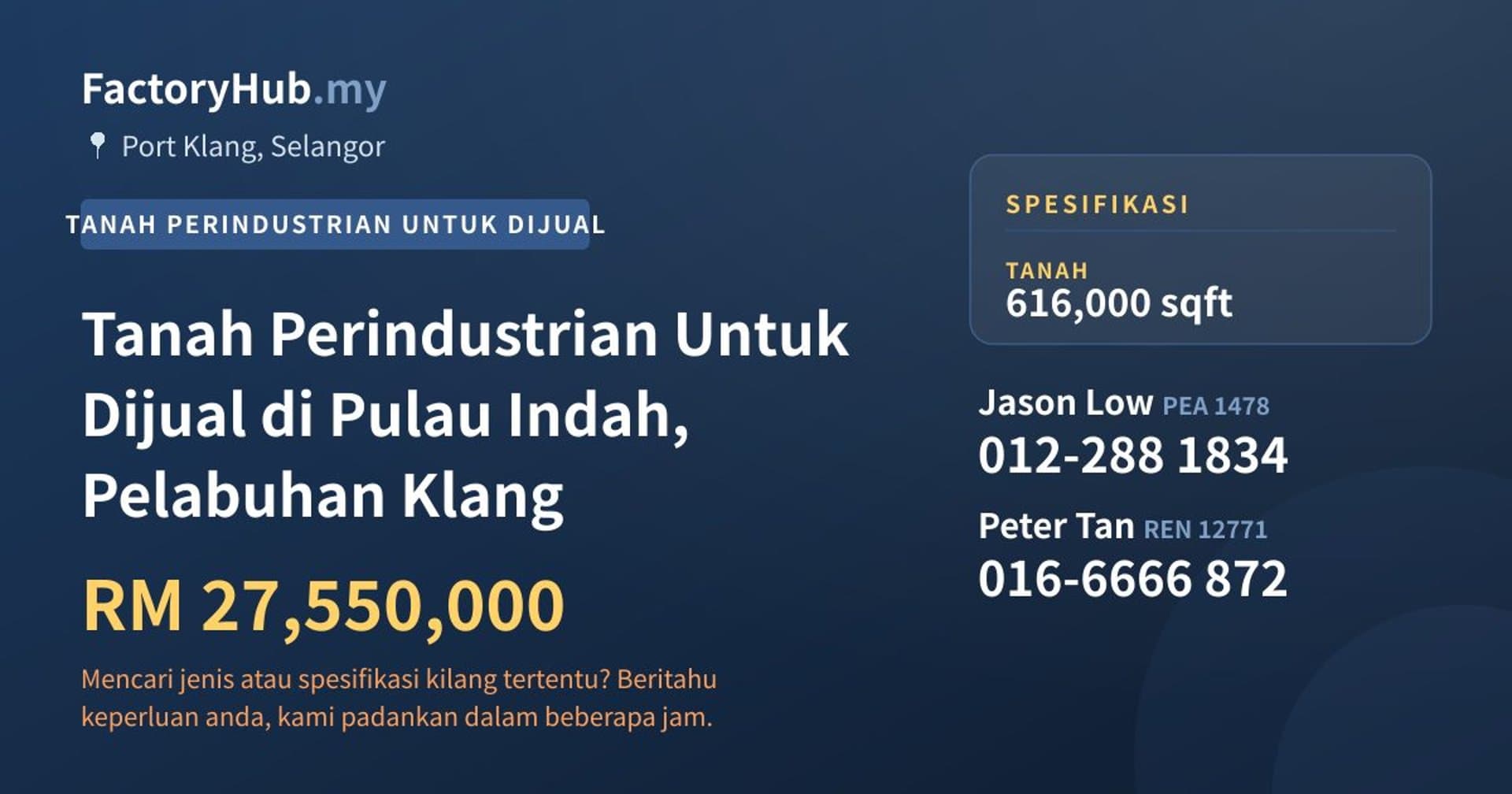 Tanah Perindustrian Untuk Dijual di Pulau Indah, Pelabuhan Klang · Imej hartanah 1/2