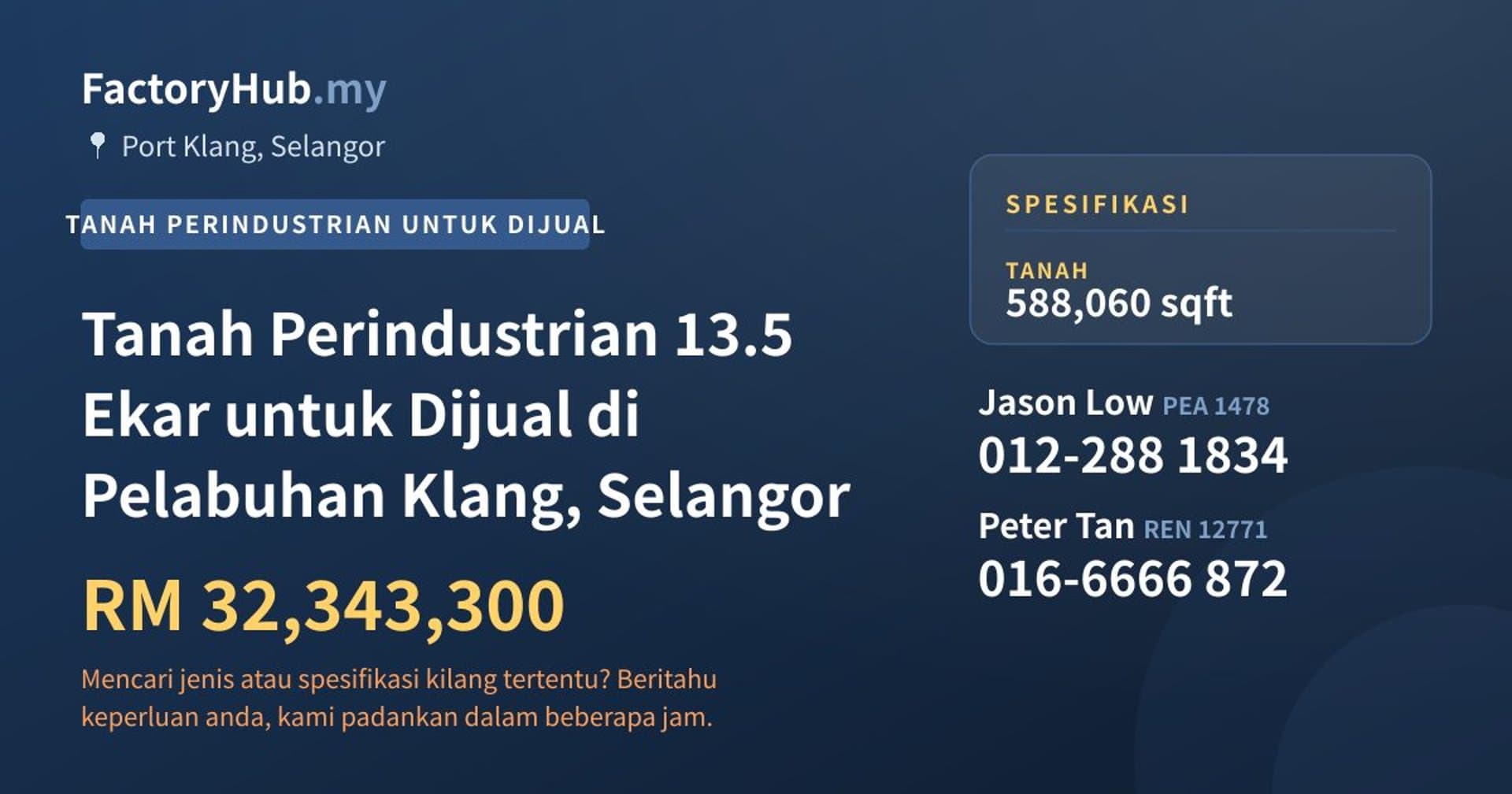 Tanah Perindustrian 13.5 Ekar untuk Dijual di Pelabuhan Klang, Selangor · Imej hartanah 1/2