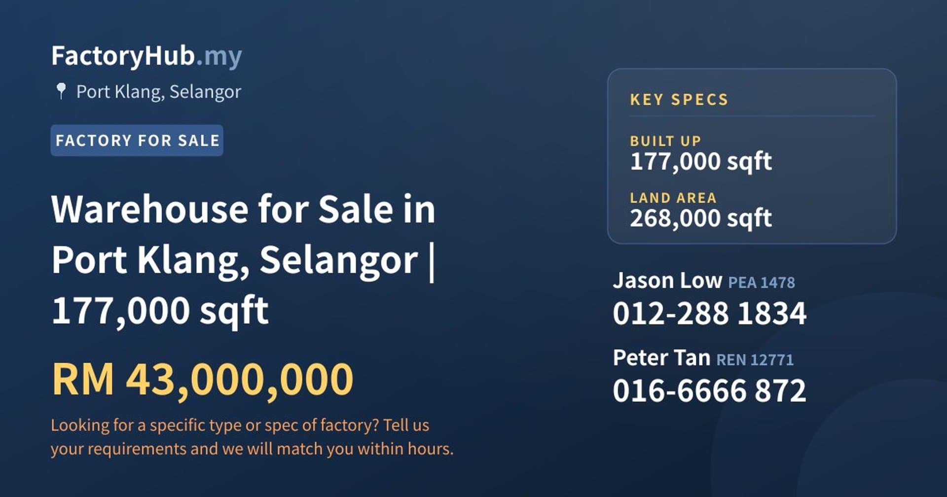 Warehouse for Sale in Port Klang, Selangor | 177,000 sqft - Property image 1 of 2