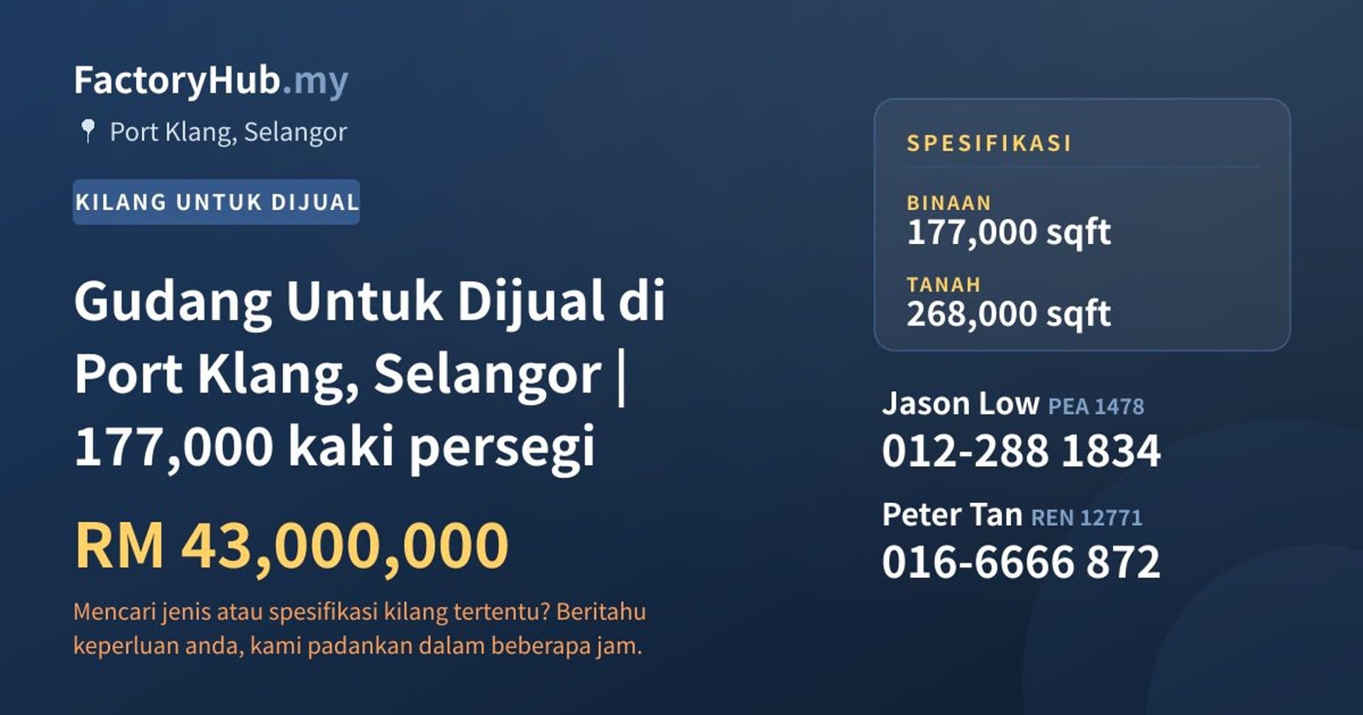 Gudang Untuk Dijual di Port Klang, Selangor | 177,000 kaki persegi · Imej hartanah 1/2