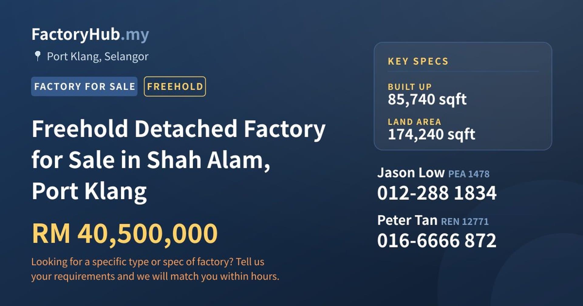 Freehold Detached Factory for Sale in Shah Alam, Port Klang - Property image 1 of 2