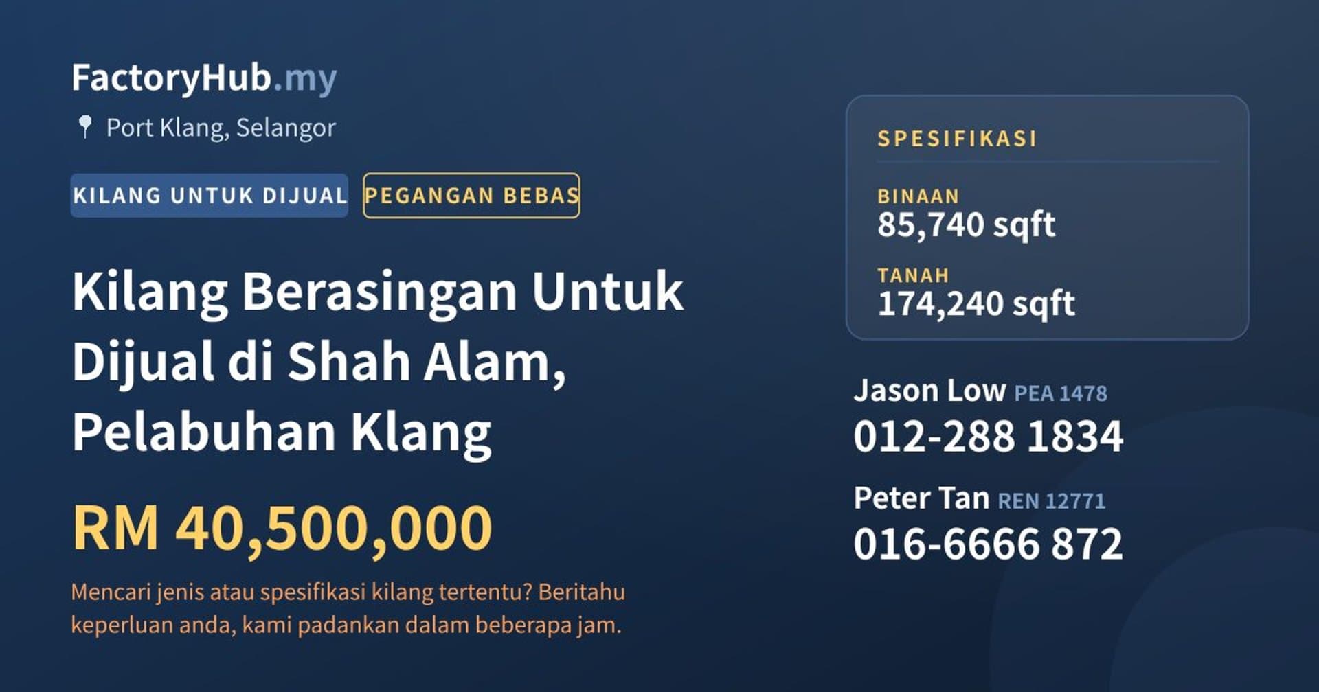 Kilang Berasingan Untuk Dijual di Shah Alam, Pelabuhan Klang · Imej hartanah 1/2
