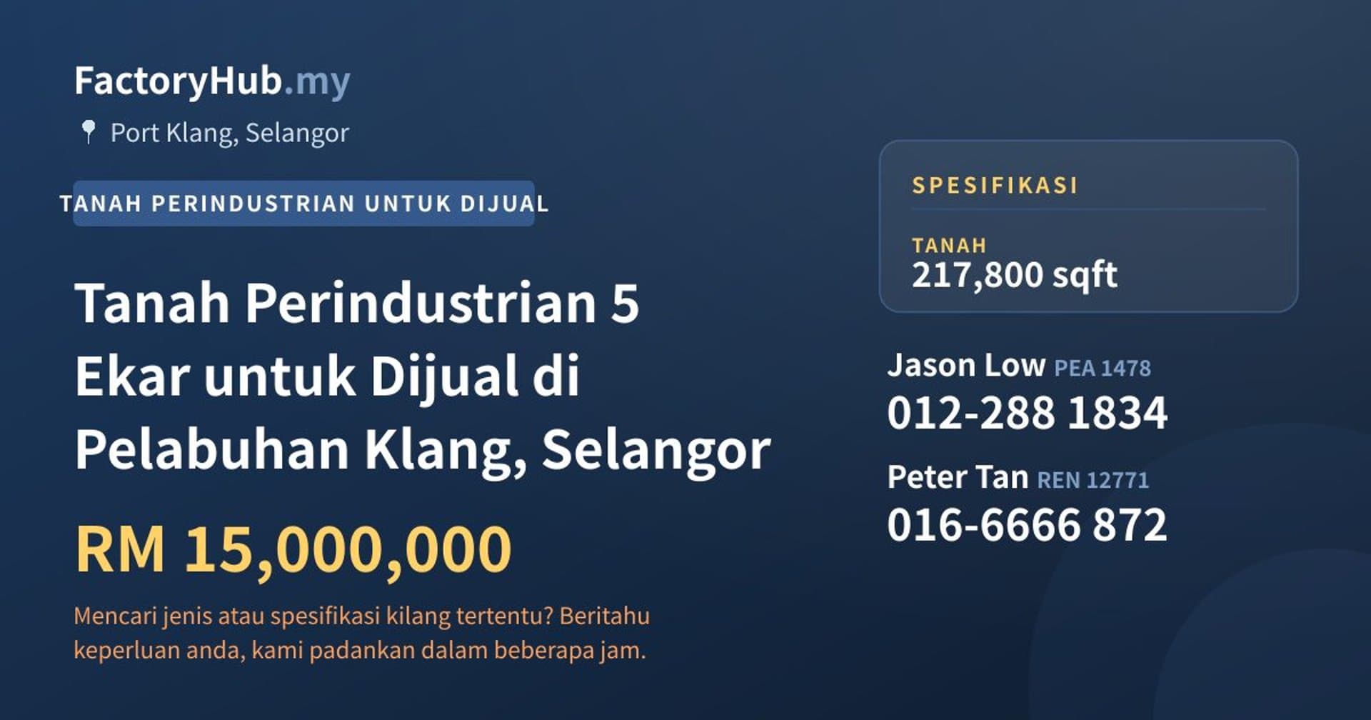 Tanah Perindustrian 5 Ekar untuk Dijual di Pelabuhan Klang, Selangor · Imej hartanah 1/2